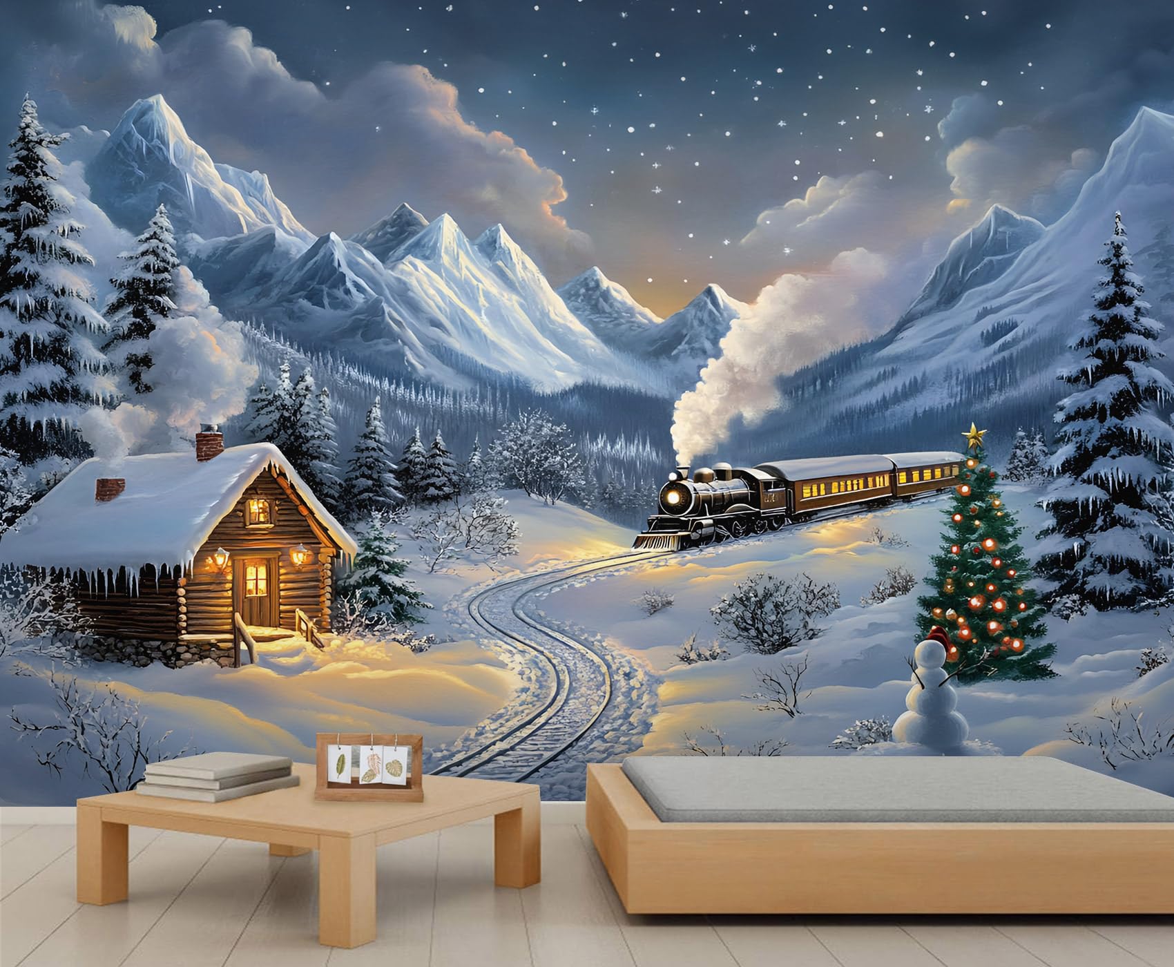 Snow Train Mural Fairy Tale Steam Train Wallpaper Winter Snow Scene Wall Mural Commercial Hotel Poster Custom Wallpaper Massive Panoramic Wall Poster (Non-self-Adhesive)