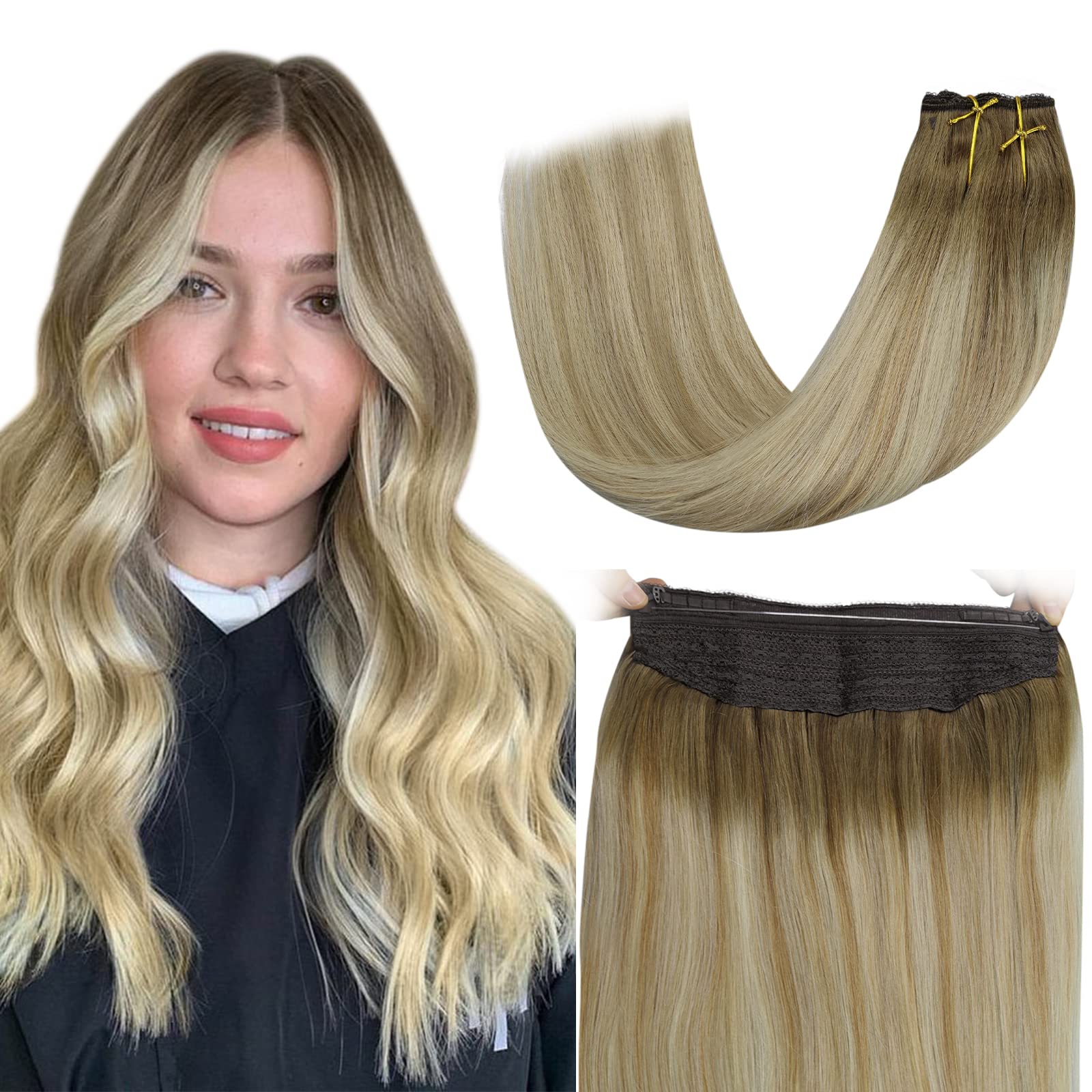 Fshine Extension Filo Invisibile Capelli Veri 40CM 80g Capelli Umani Lisci Castano Medio Che Sfuma Nel Biondo Miele E Nel Biondo Extension Capelli Veri Remy Filo Wire Remy Lisci Capelli Veri #6/27/60