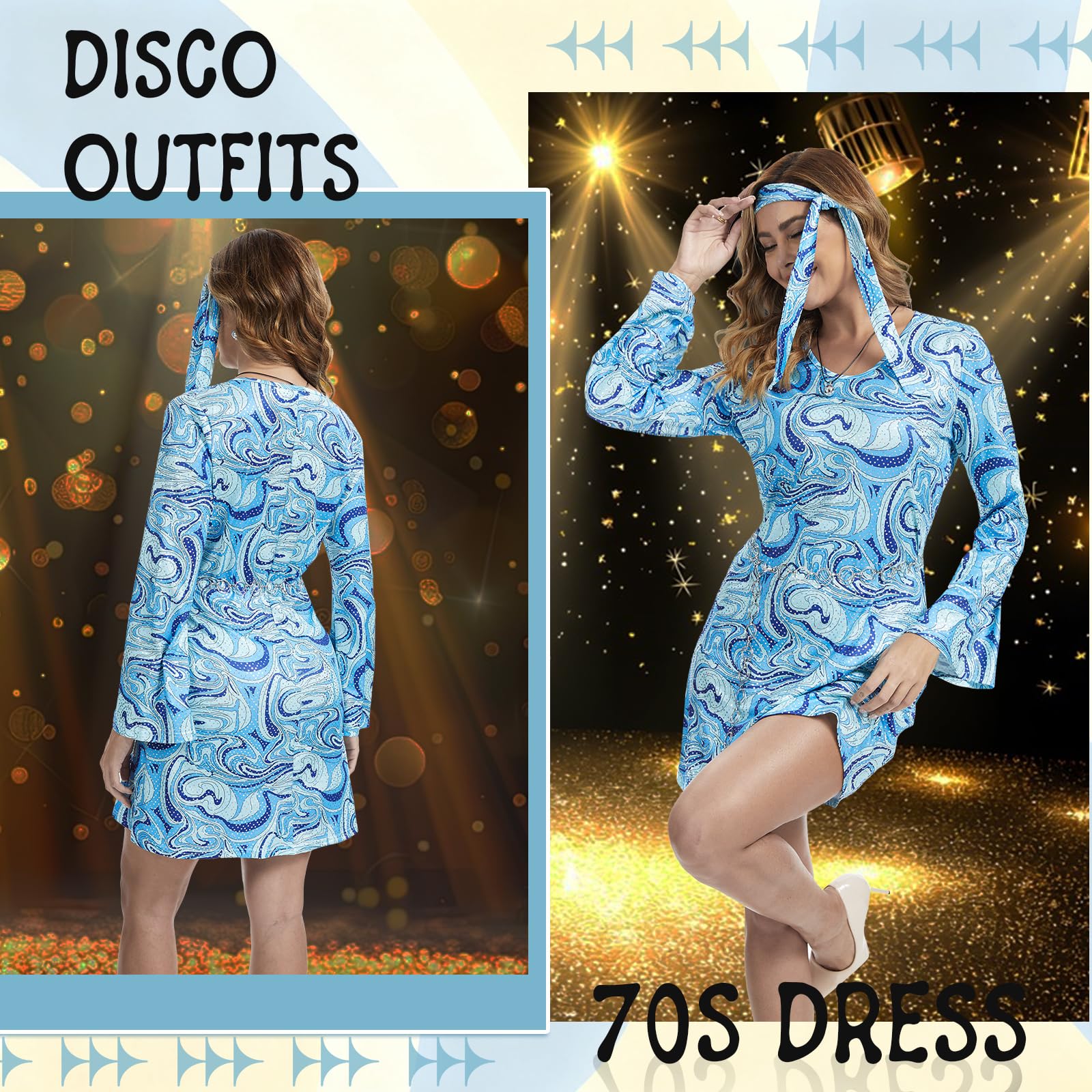 PORJDN 60s 70s Hippie Costume for Women, 7 Piece Disco Party Outfit with Flared Dress, Peace Sign Necklace, Earrings - Image 3
