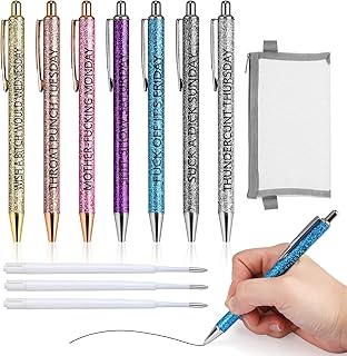 Wooledy 7 Pcs Funny Pens Ballpoint Set,Seven Days of The Week Pen Describing Mentality pen,Weekday Vibes Glitter Daily Writing,Black Ink 1.0 mm,with Pen Case and Replacement Refills