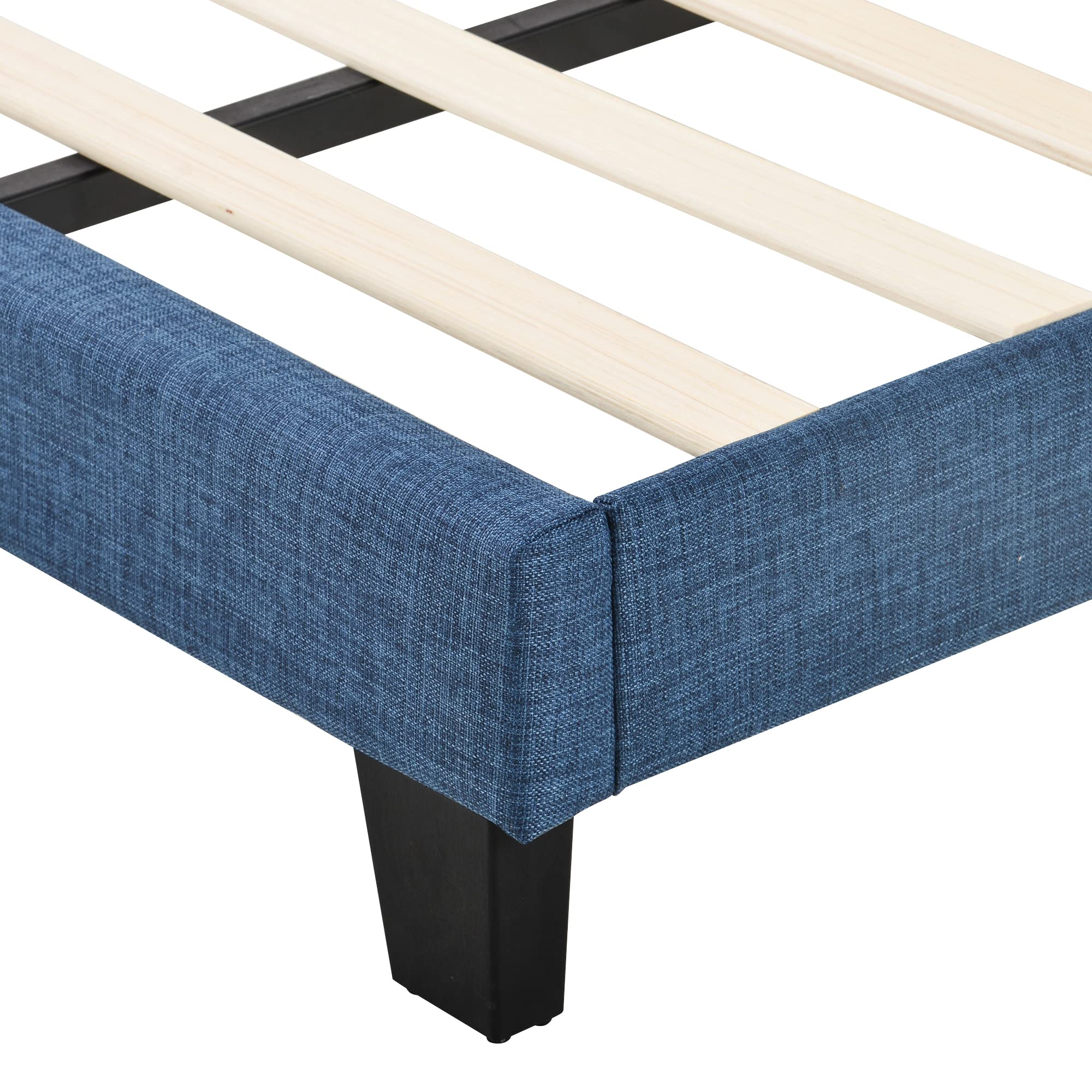 Merax Letto imbottito 90 x 200 cm, con rete a doghe, schienale in lino, delicato sulla pelle, Blu, letto singolo per adolescente (senza materasso)