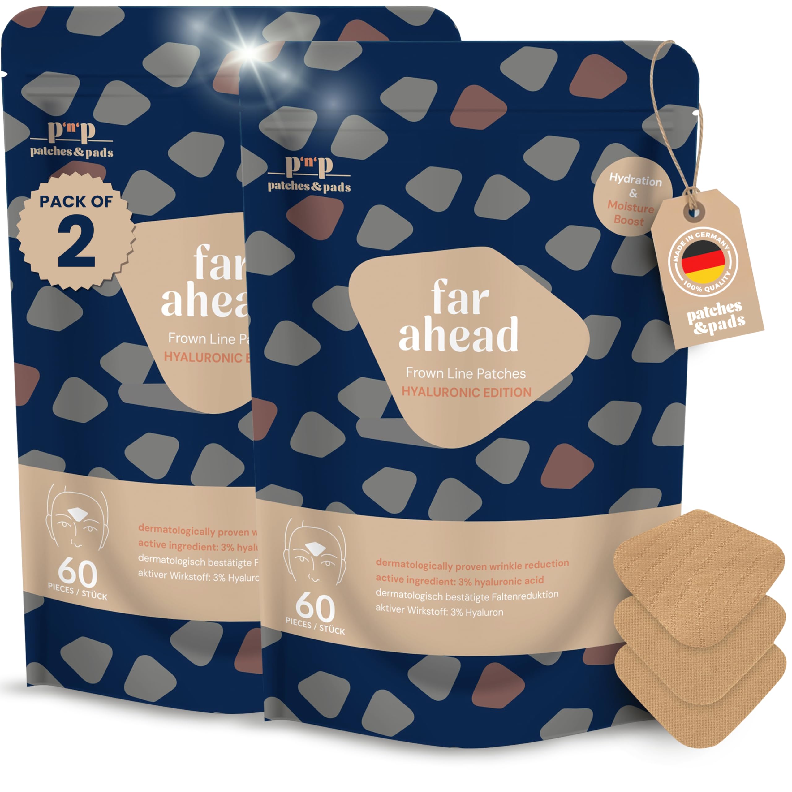 Patches & Pads Zornesfalte Pflaster aus Baumwolle mit Hyaluron 60 Stück 2er-Pack - Extra stark haftend - Zornesfalte glätten, Anti Falten Pflaster, Gesichtstape gegen Falten - Dermatologisch getestet
