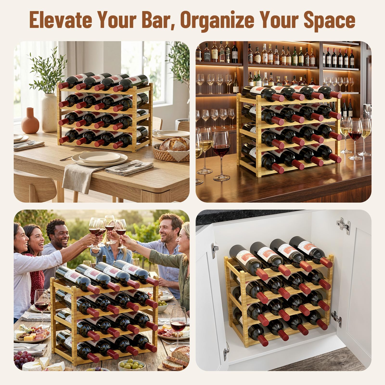 Nuovoware Portabottiglie in Bambù, Portabottiglie Impilabile 4 Ripiani per 16 Bottiglie con Scanalature Ondulate, Robusto Ripiano da Appoggio per Cucina, Dispensa, Sala da Pranzo, Cantina, Bar