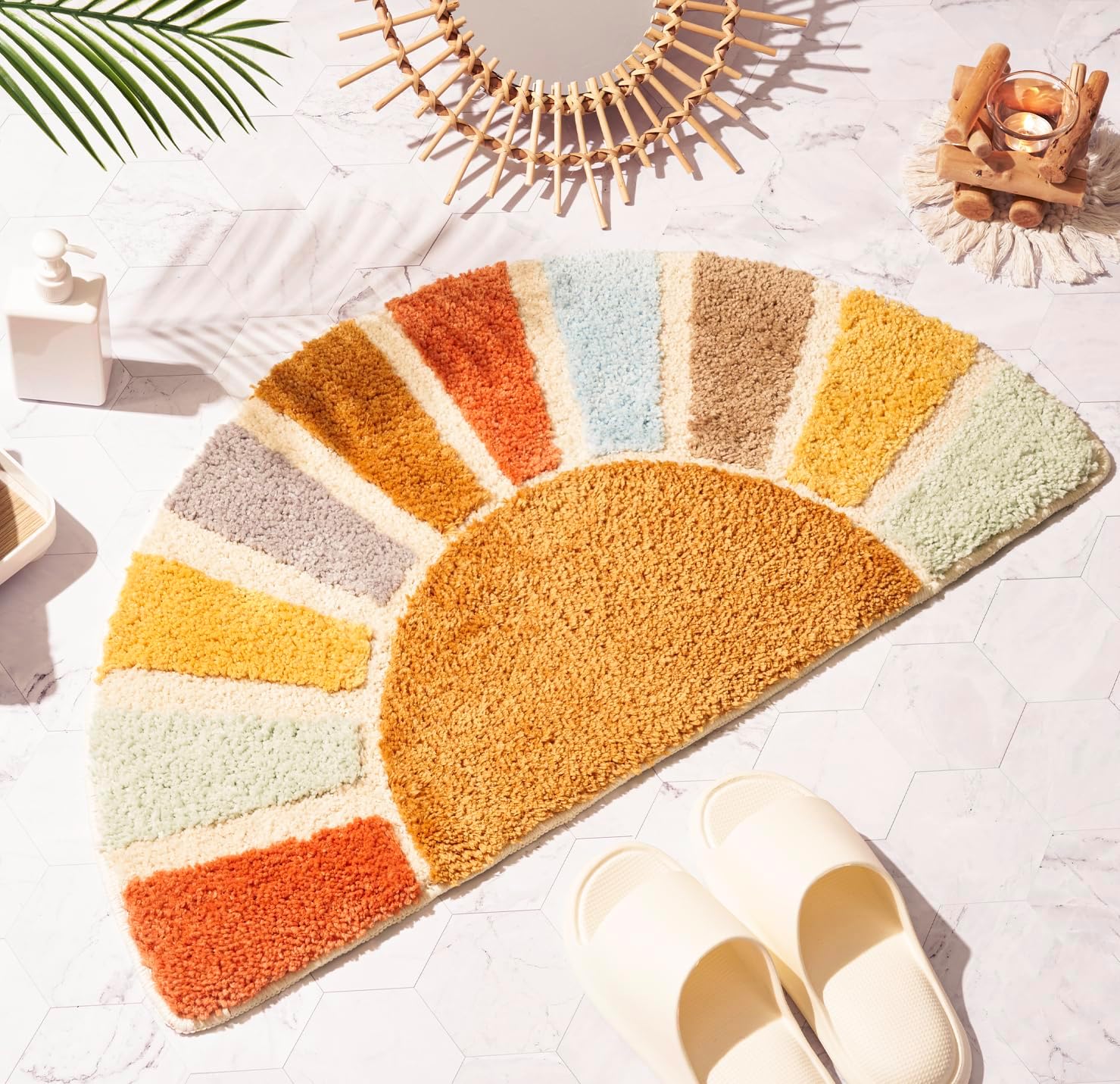 Large 37 x 20 Sunrise Boho Bathroom Rugs,Half Circle Bath Mat Cute,Sun Bath Mats,Retro Bohemian Half Round Home Bathroom Decor,Small Colorful Fun Semi Round Shower Rug Non-Slip