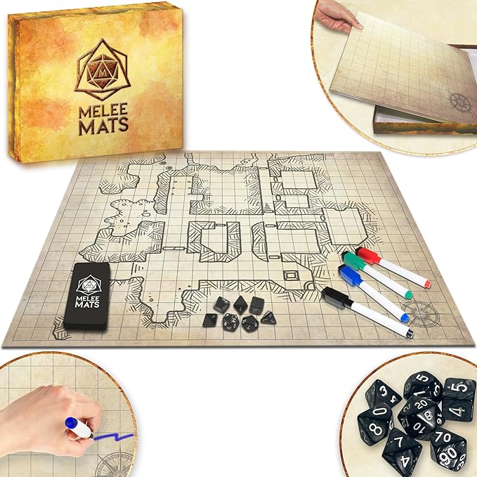 Melee Mats DND Map Starter Set - 23” x 27 Double Sided, Wet & Dry Erase Battle Terrain Grid for Dungeons and Dragons - Tabletop Board Gaming Kit with Accessories