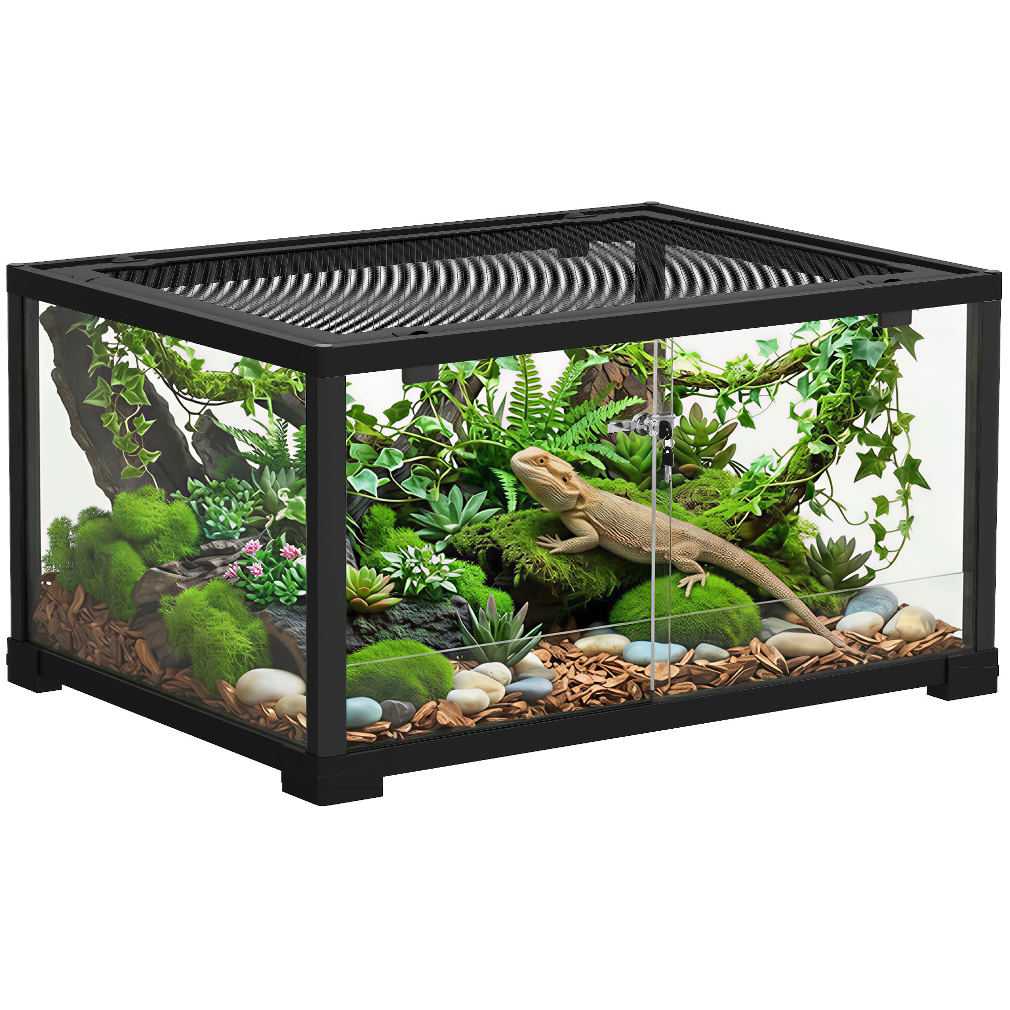 PawHut Terrarium en Verre pour Reptiles 86 L, Ventilation supérieure, Porte coulissante avec Serrure Anti-Fuite, enclos pour lézards, Insectes, Serpents, araignées et Geckos, 60x45x32cm, Noir
