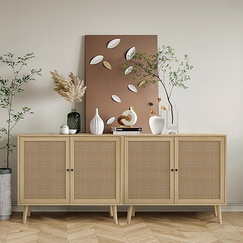 QHITTY Rattan Sideboard Buffet Cabinet, Accent Kitchen Storage Cabinet Console Table with Adjustable Shelves for Living Room, Dining Room, Bedroom (Natural)