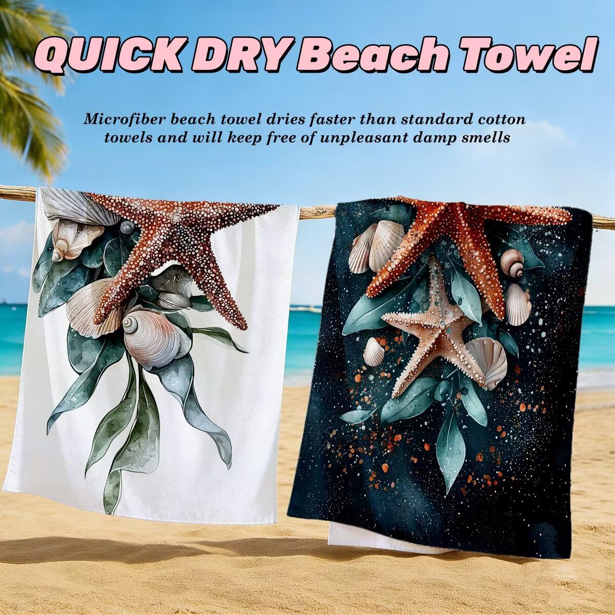 Juego de 2 Toalla Playa Grande 90x200 cm, Secado Rapido Toalla Microfibra Gimnasio, Antiarena Toallas de Playa Estrella de mar, Grande Ligera Compacta Toallas Microfibra Mujer Hombre para Viaje -5014