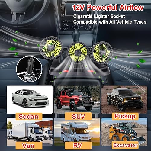 Miniatura 6 de Ventilador de triple cabezal para automóvil, CA portátil para automóvil con rotación de 360 para encendedor de cigarrillos para automóvil, RV y SUV