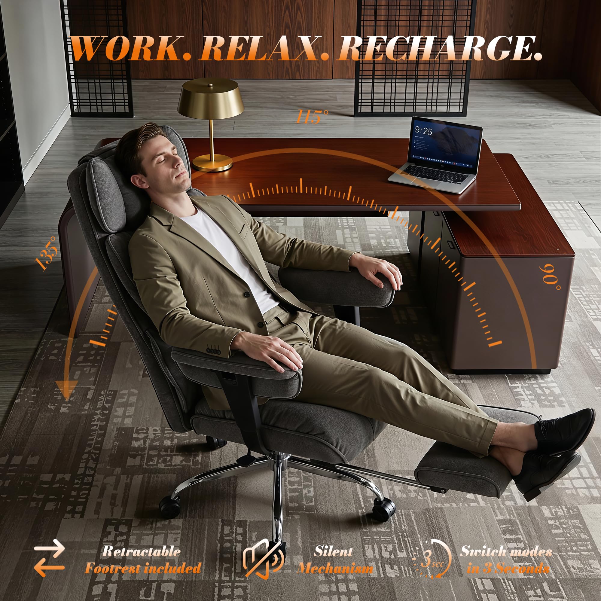 Efomao Chaise de Bureau en Tissu Grande Taille, Fauteuil Ergonomique 200KG, Siège Ordinateur Réglable à Dossier Haut, Chaise Pivotante avec Repose-Pieds et Coussin Lombaire