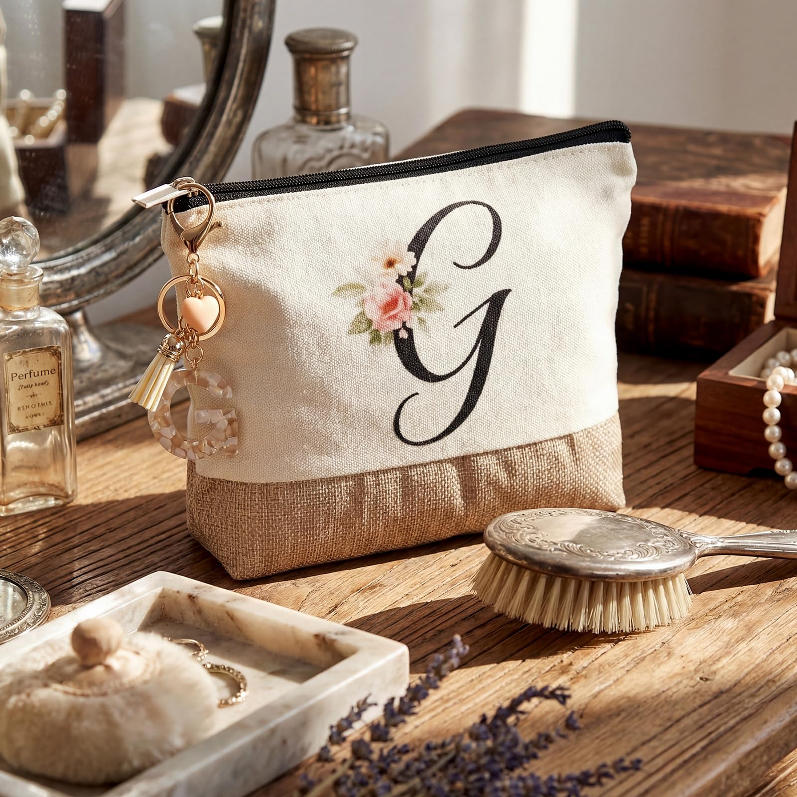 Kacctyen Initial Letter Gifts for Women Initial Letter Jute Tote Bag Makeup Bag Mug Keychain Card Birthday Holiday Gifts(G)