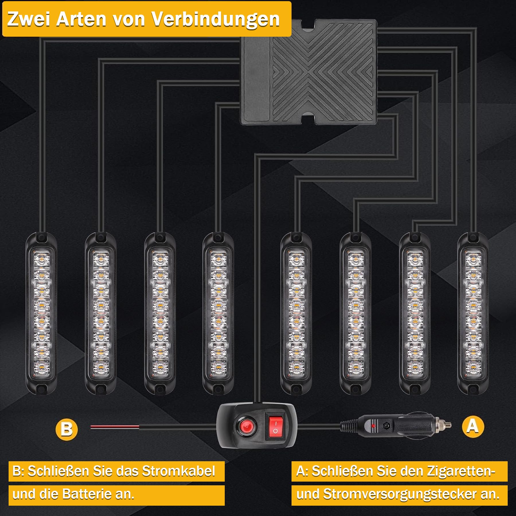 8X8LED Warnlicht Frontblitzer - 12V/24V Blinklicht Stroboskoplicht Warnleuchte,IP65 Notfall Warnung Blinklichter Strobe Orange 13Modi Blitzmodul für Truck Traktor Emergency KFZ LKW