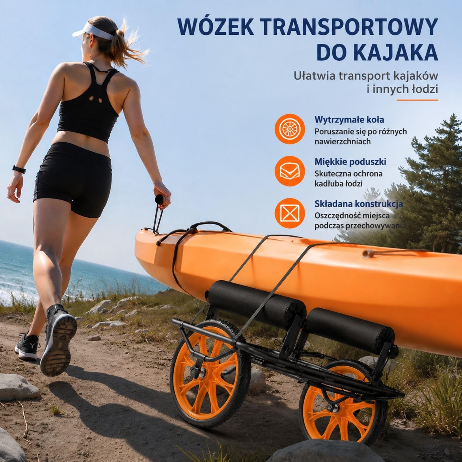 Wózek kajakowy z oponami z pełnej gumy i pasem mocującym do transportu kajaków, kanadyjek, desek SUP, łodzi Jon oraz sprzętu wodnego