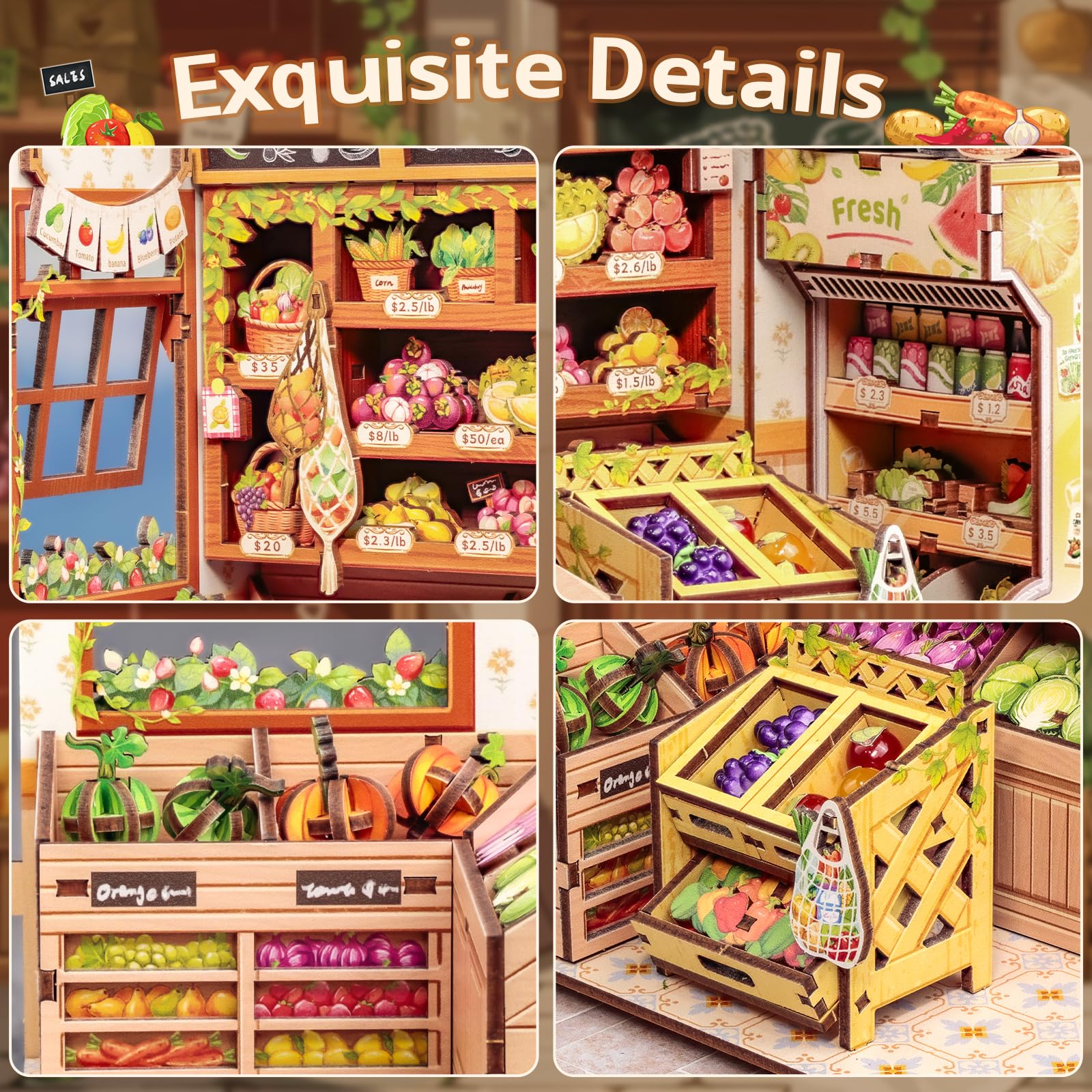 Cutefun Book Nook Kit - Case delle bambole DIY con Luci LED - Miniatura 3D Fai da Te per Decorazione e Collezione, Appassionati di Puzzle (The Greens' Grocery)