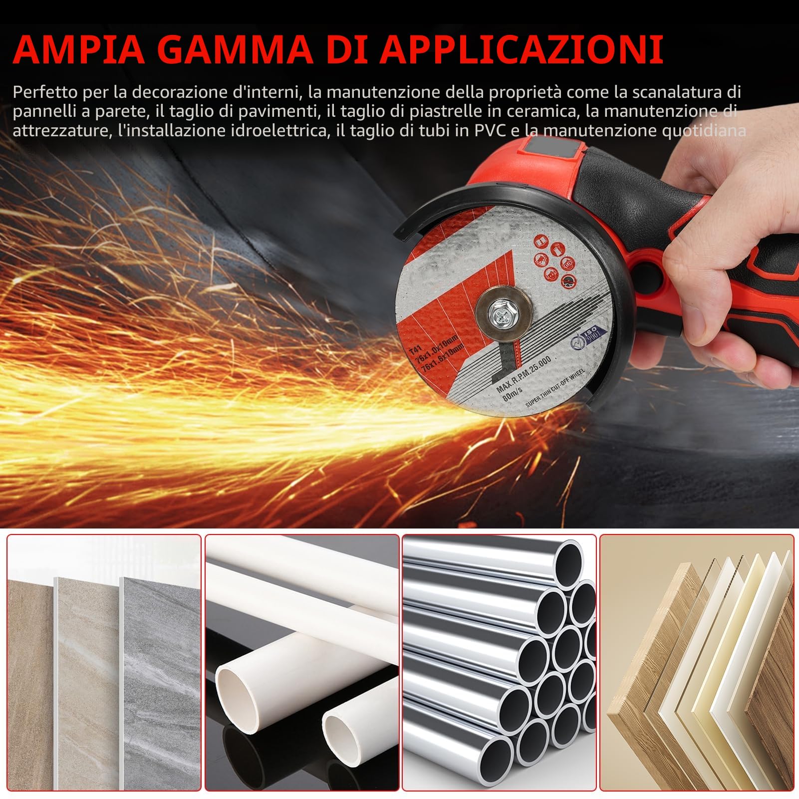 Smerigliatrice angolare senza fili, strumento di levigatura elettrico, 7000 giri/min, mini smerigliatrice con 2 batterie da 16,8 V, 2000 mAh e disco abrasivo per tagliare la mattonella
