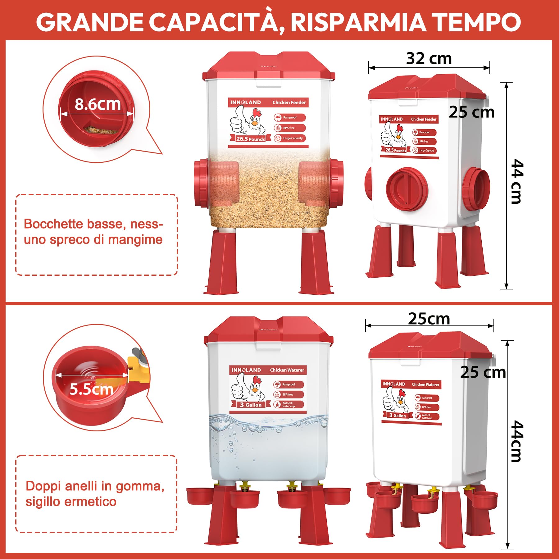 Abbeveratoio per Galline e Mangiatoia per Galline - 11L/12KG, Abbeveratoio Automatico per Gallines con 4 Beccucci e 3 Bocche di Alimentazione, Senza Sprechi, Accessori per Pollaio per Anatres