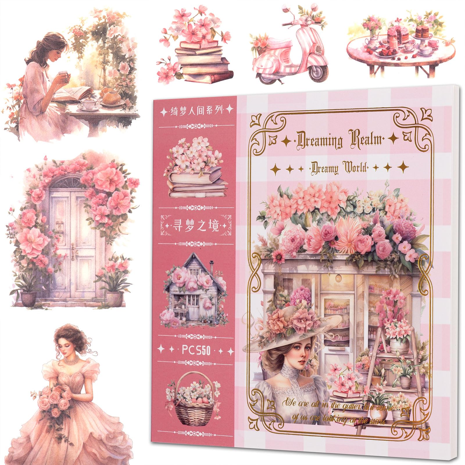 YagCu Garden Journaling Stickers, 50 Sheets Washi Junk Journal Sticker Book, Scrapbook Supplies, Watercolor Scrapbooking for Adults, Pink Decorative Ephemera Arts Craft