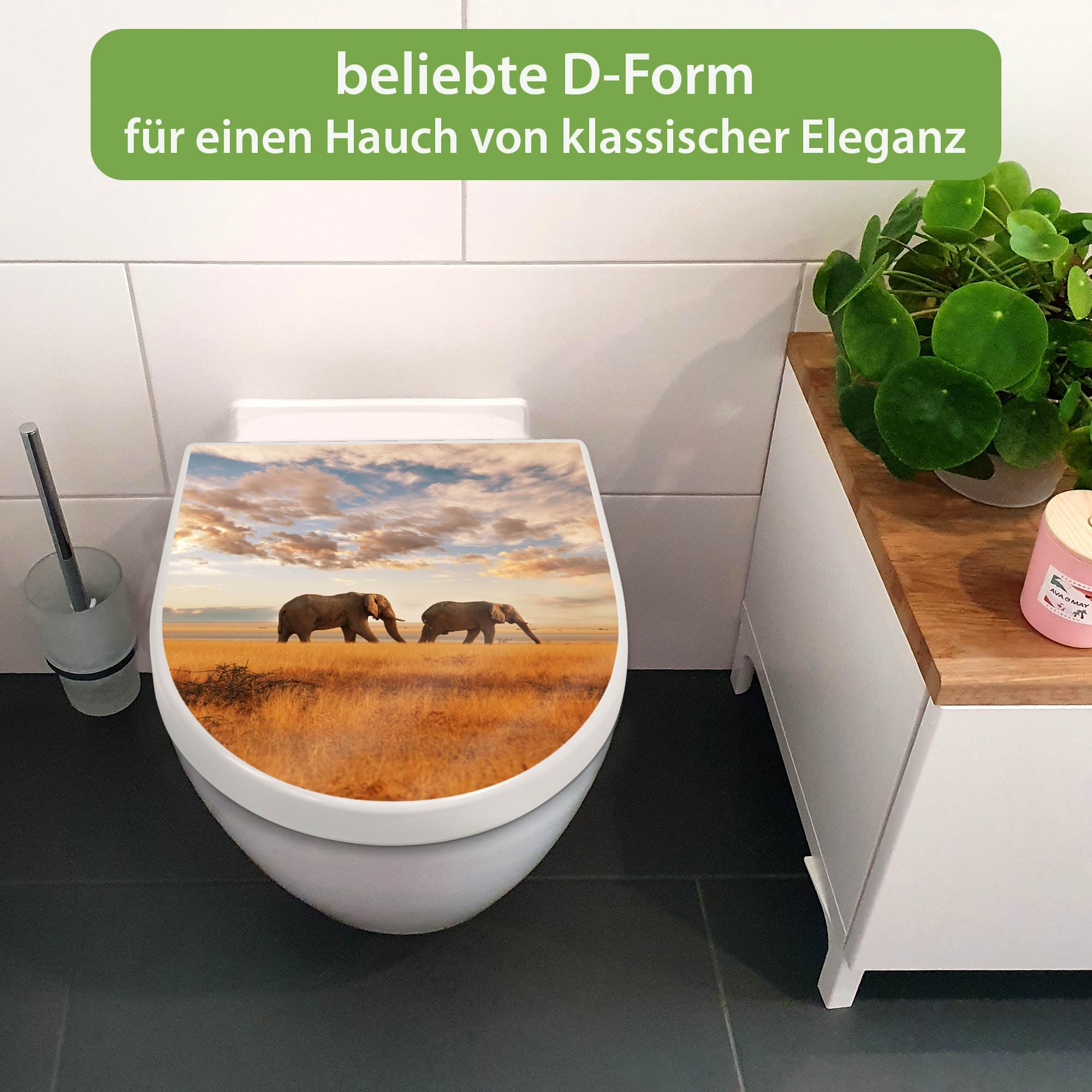 banjado WC Sitz mit Absenkautomatik D Form - Toilettendeckel mit Absenkautomatik D Form - Klodeckel Softclose - stabile Klobrille - Toilettensitz Weiß - Motiv Elefanten