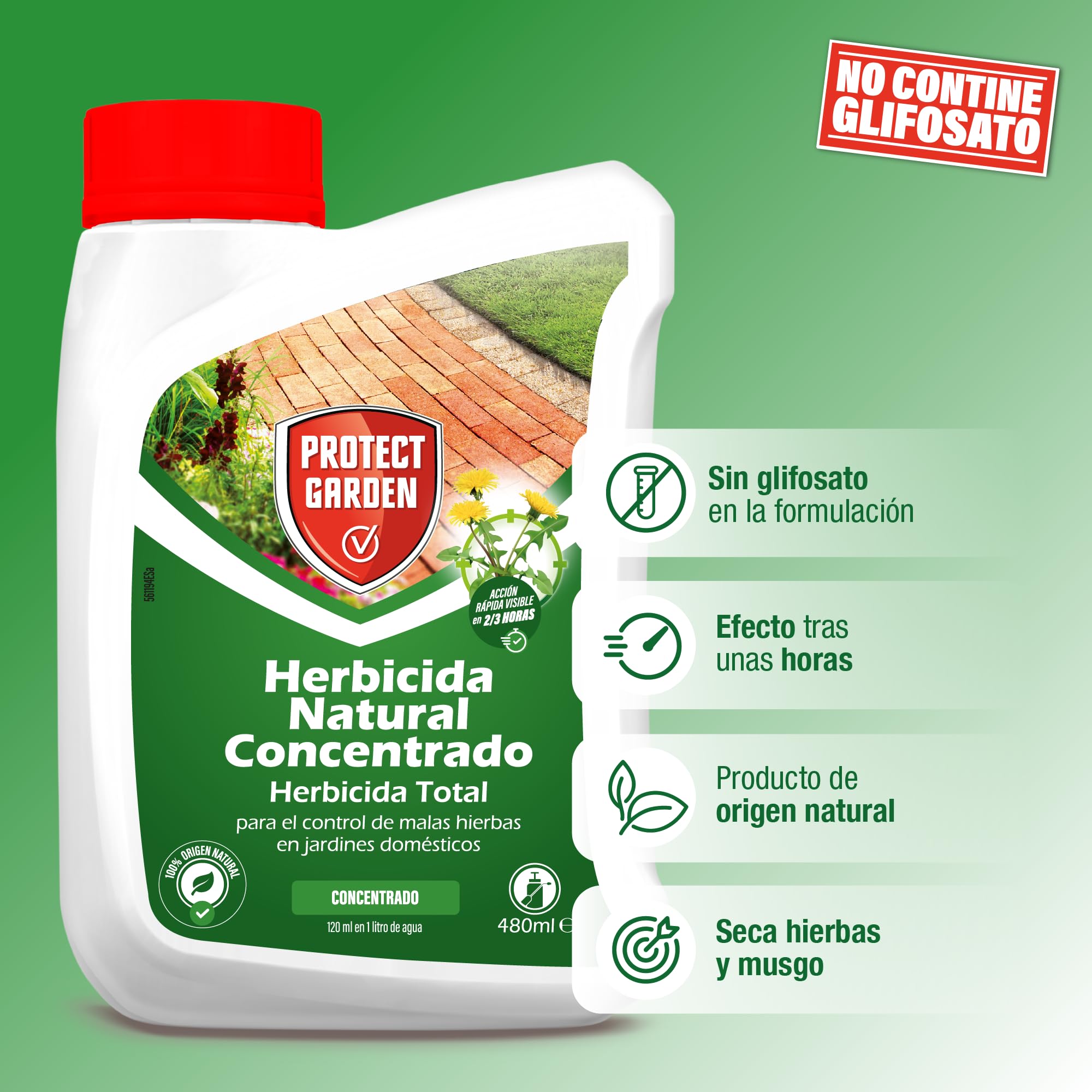 Protect Garden, Herbicida total de origen natural. Alternativa al glifosato de origen 100% natural. Acción rápida visible hasta 4 semanas. 480ml