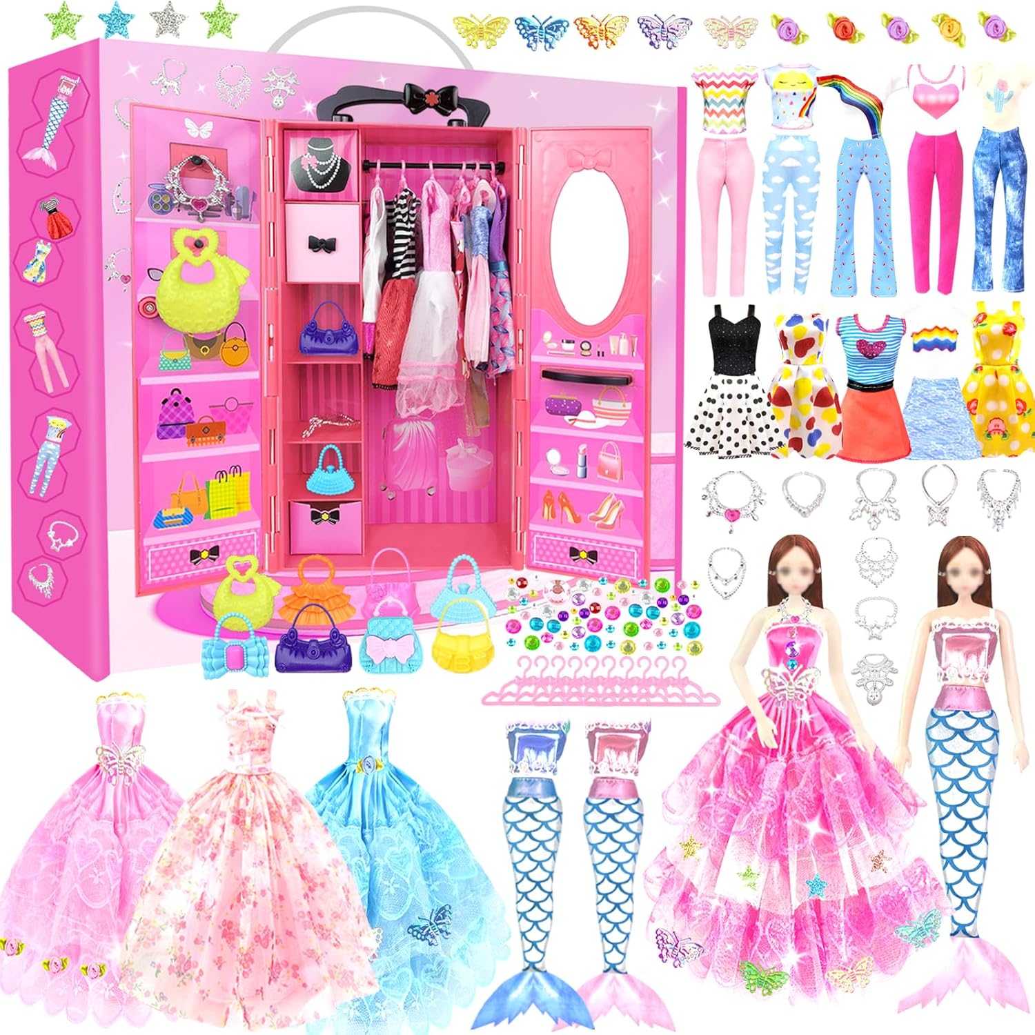 66Pcs Doll Clothes and Accessories with Doll Closet for 11.5 Inch Doll Dress up Set with 1 Doll Fashion Dresses Outfits Tops and Pants Shoe Rack Bags Gift Toy for Girls 4 5 6 7 8 9 10 Years