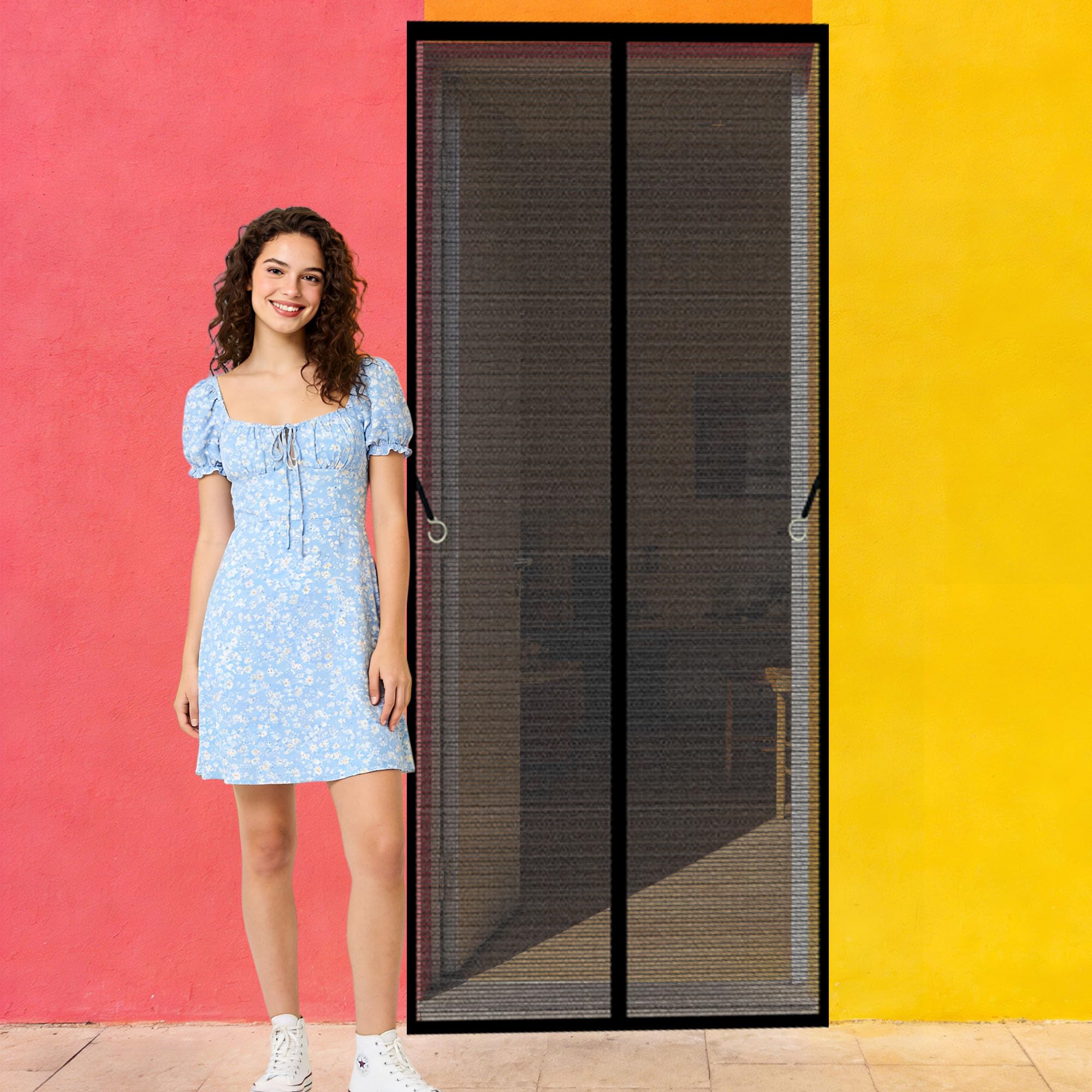 Polyester Magnetic Door 128 x 197 cm with Powerful Magnets and Full Frame Magic Tape Magnetic Door Curtains Keeps Bugs Out for Living Room, Bedroom, Patio, Black