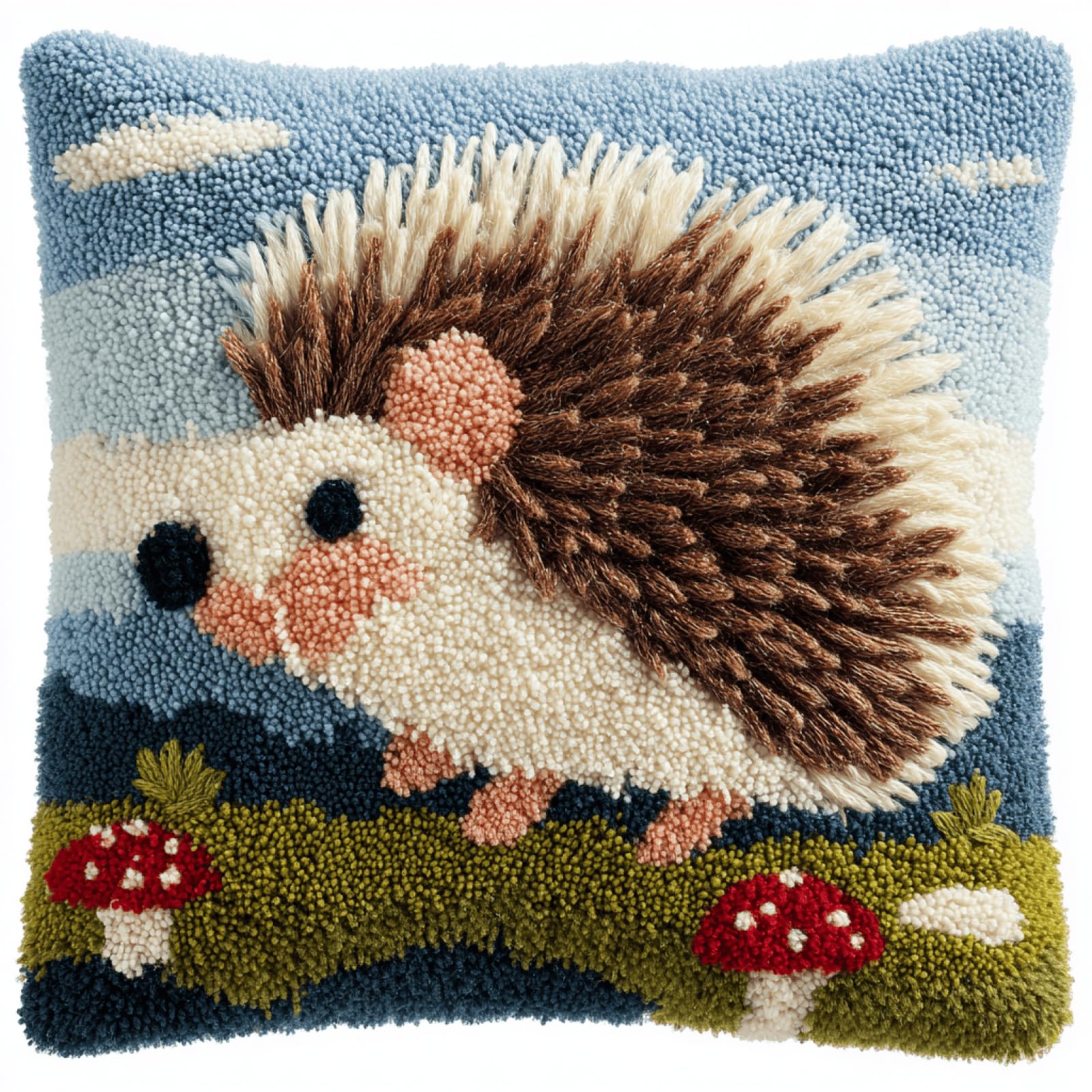 Taxpy Handmade Animal Hedgehog Cushion Craft Kit for Beginners,17x17in Latch Hook Pillow Cover Set with Yarn and Hook,Gift for Adults,Teens and Craft Lovers
