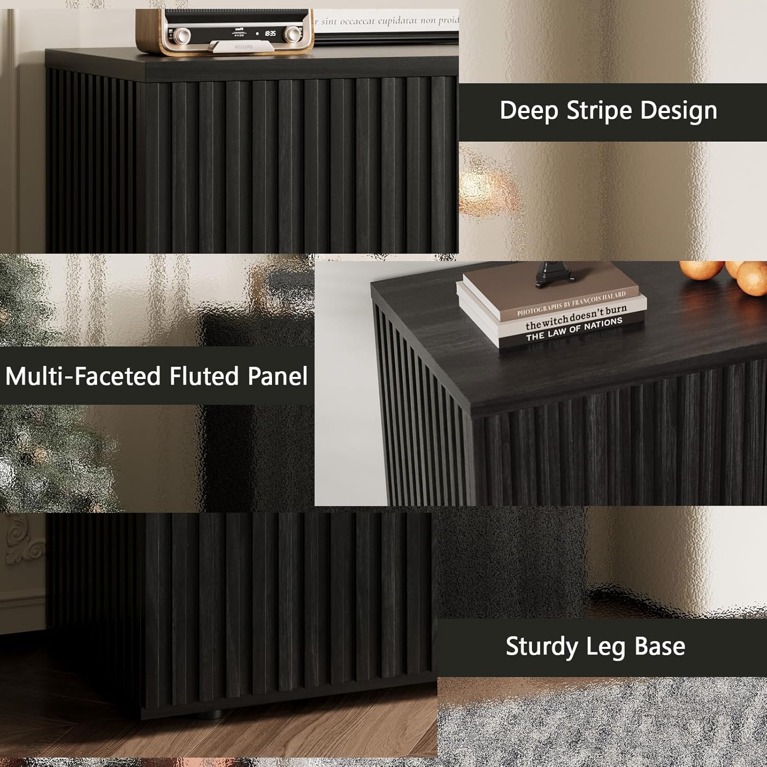 63" Fluted Buffet Cabinet with Storage Wood Sideboard Cabinet Modern Console Cabinets with Adjustable Shelf Accent Credenza with Pop-up Doors for Living Room, Entryway, Kitchen, Hallway, Matte Black