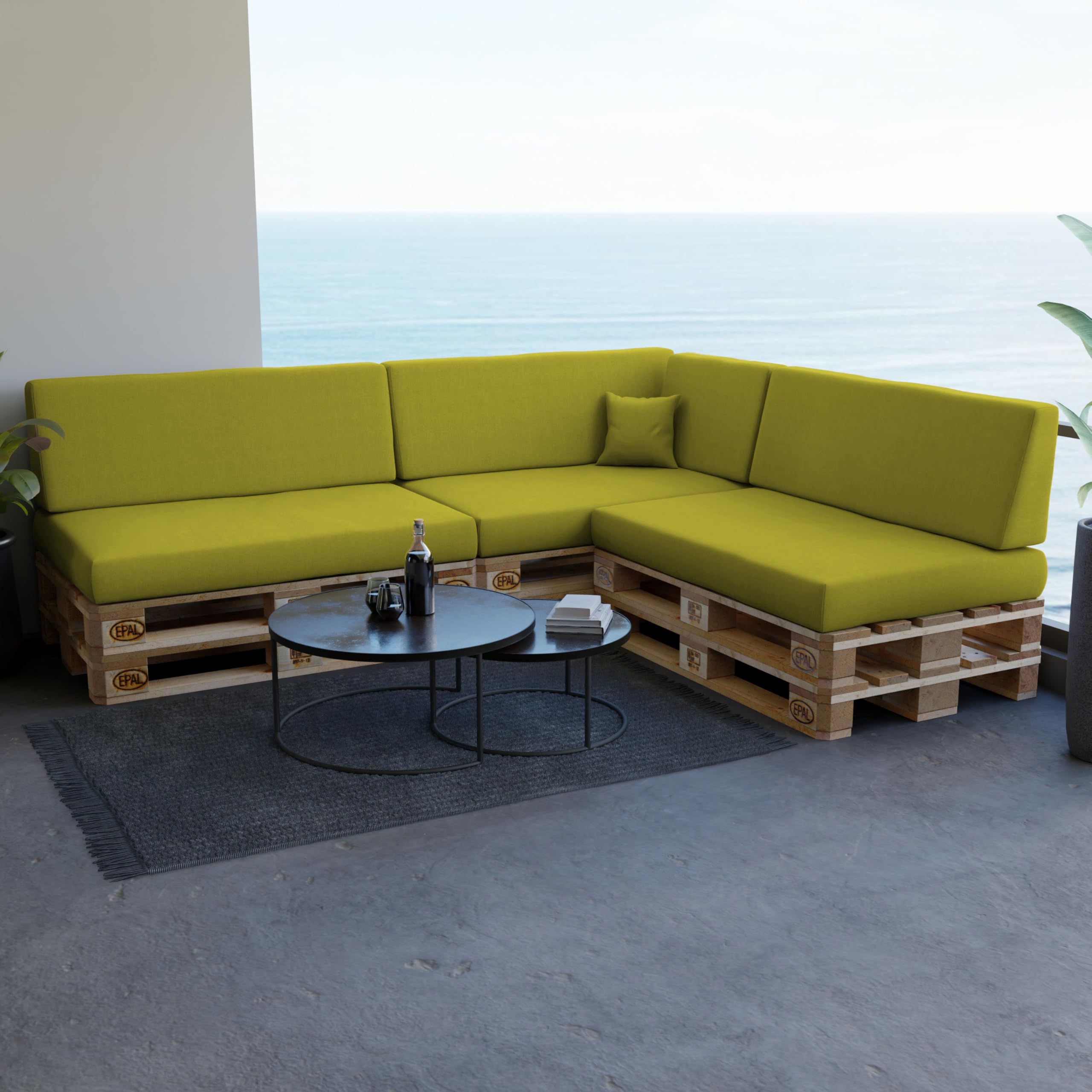 POKAR Euro Pallet Seating Set of 2: 1x seat cushion 120x80cm + 1x back cushion 120x40cm, cold foam, removable covers, Home Garden Furniture DIY, indoor outdoor pillow, without pallets, Beige — view 160