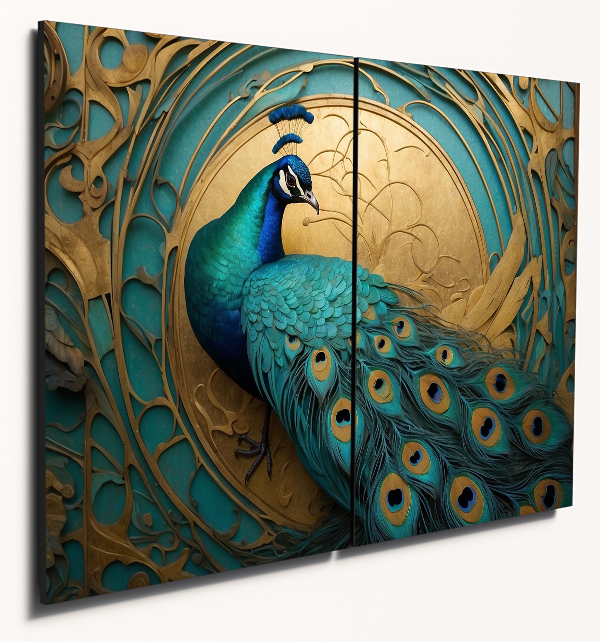 The Plum Penguin Art Nouveau Peacock Wall Art, A4 Dual Wood MDF Panels, Turquoise & Gold Decor Canvas Alternative 40 x 30cm