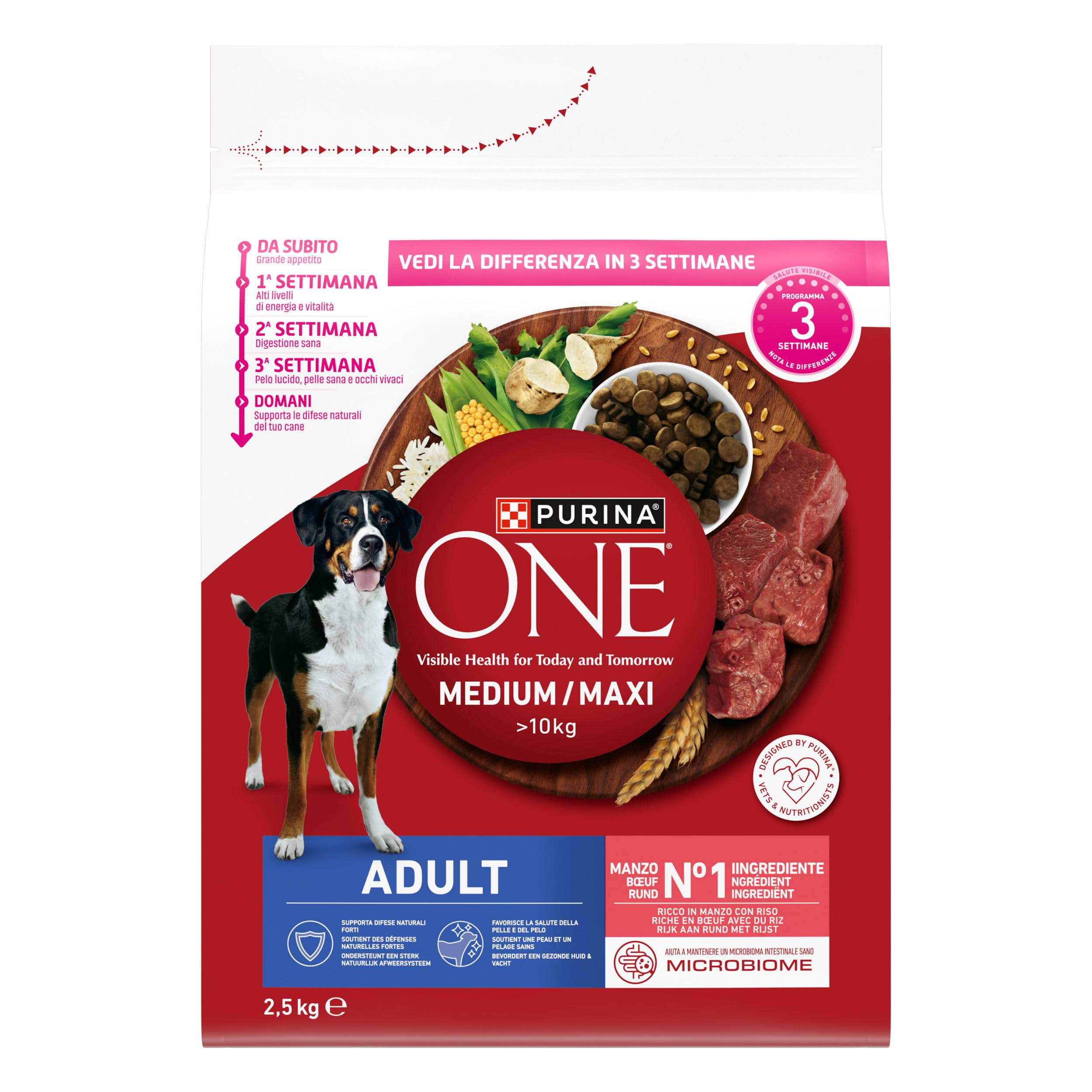 PURINA ONE Medium Maxi Crocchette per Cani Adulti con Manzo e Riso 4 Sacchi da 2.5kg
