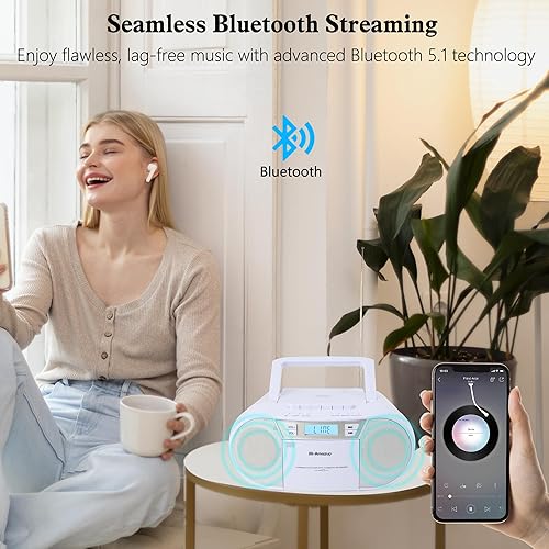 Miniatura 6 de Boombox - Reproductor de CD portátil, reproductor de cassette con CD MP3, Bluetooth, AUX TF, USB, radio FM, alimentación ACDC, caja de auge con