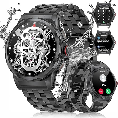 Reloj inteligente militar para hombre con texto y llamada, 1.43 pulgadas AMOLED Fitness Tracker Watch 129+modos deportivospresión