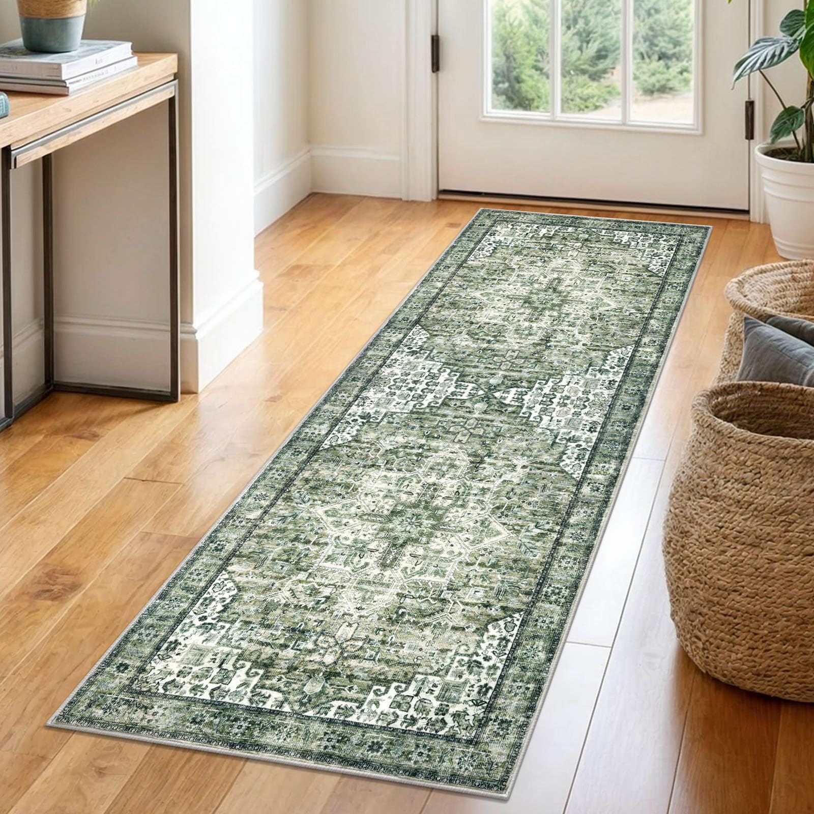 SIILOOM 2x6 Runner for Hallways, Green Non-Slip Washable Kitchen Runner, Vintage Boho Runners Printed Rug with Non-Shedding, Soft Medallion Floor