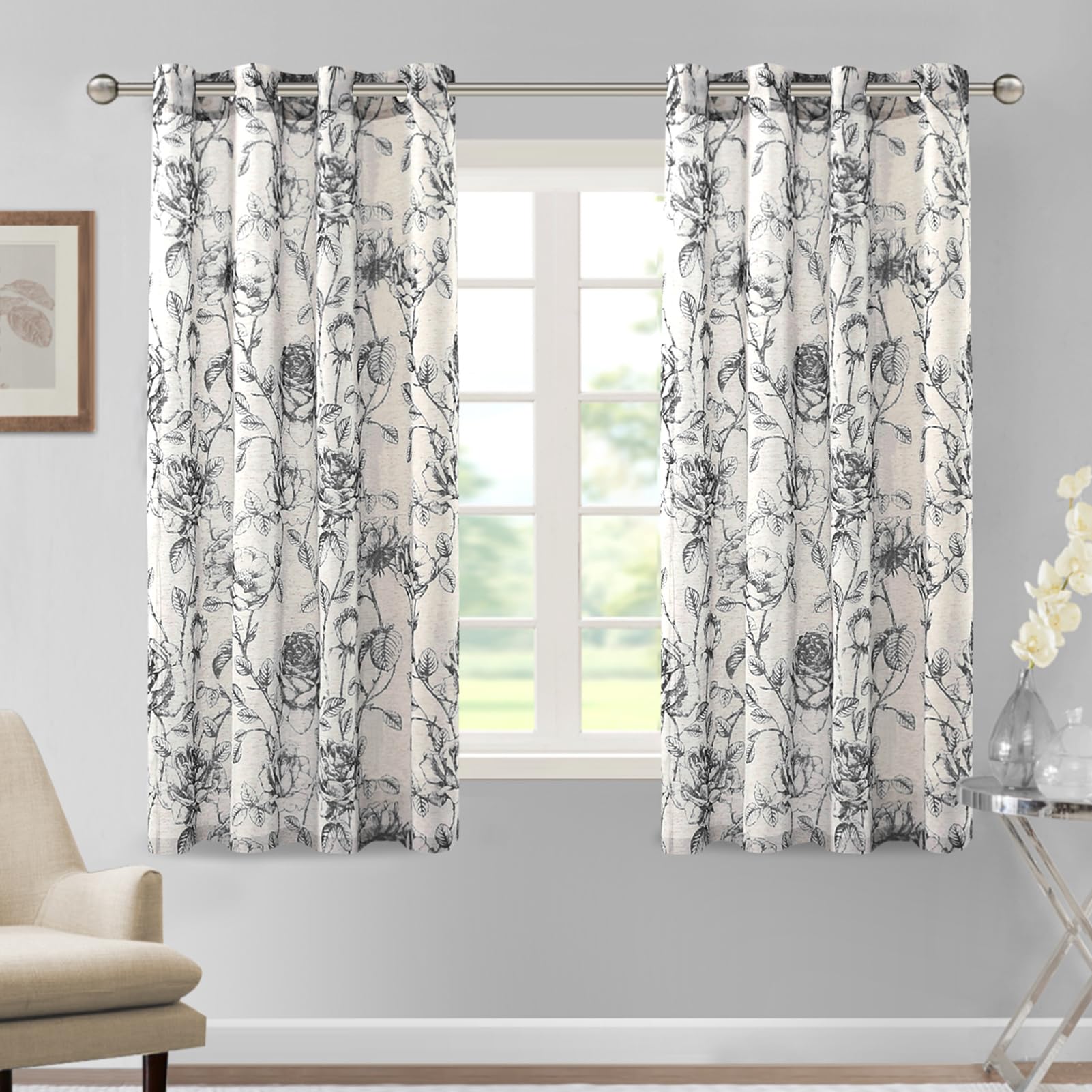 DEZYPZAM Floral Linen Semi Sheer Curtains, Light Filtering Privacy Window Curtains, Semi Sheer Window Curtain Drapes for Living Room/Bedroom (Black,52 x 63 inch)