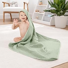 Comfy Cubs Hooded Baby Towel 1-Pack, Large 32 x 32 Inch - 6 Layer 100% Muslin Cotton for Babies, Toddlers and Kids - Soft & Absorbent Baby Bath Towels - Unisex Design for Bath Time - Sage