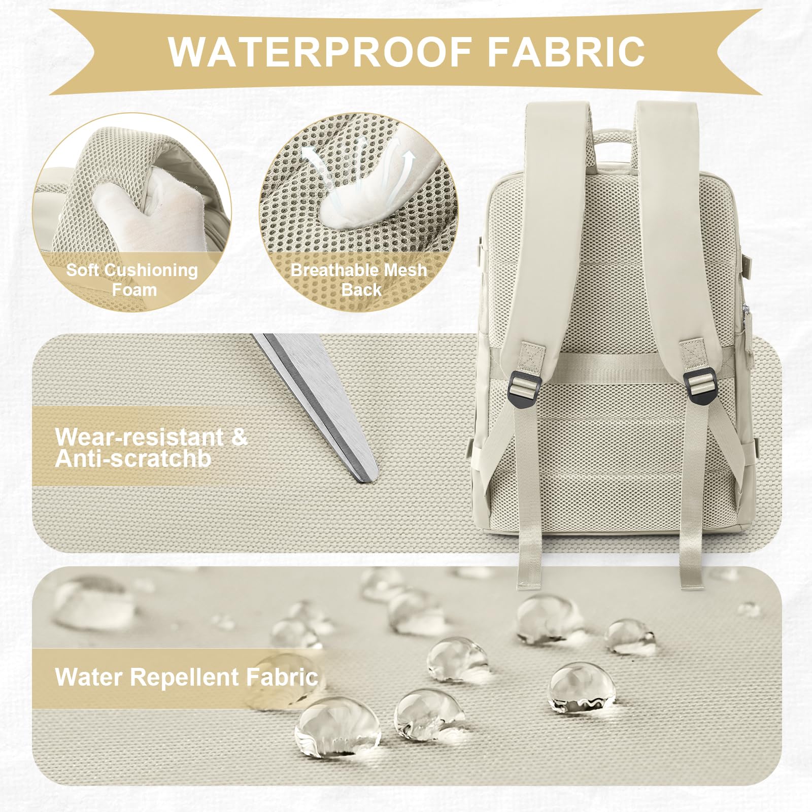 Cabin Bags for Travel, Underseat Carry on Hand Luggage Backpack for Women Airplane Approved Travel Backpack Personal Item Travel Bag 14 inch Laptop Backpack for Business Casual Work Beige — view 6