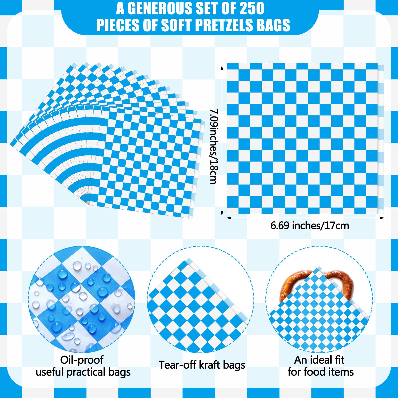 MotiMind 250 Pcs Soft Pretzel Bags Oktoberfest Party Supplies Bavarian Blue White Plaids Deli Wrappers Double Open Sandwich Paper Bags for Oily Snack Hamburger Wrappers German Beer Festival Supplies