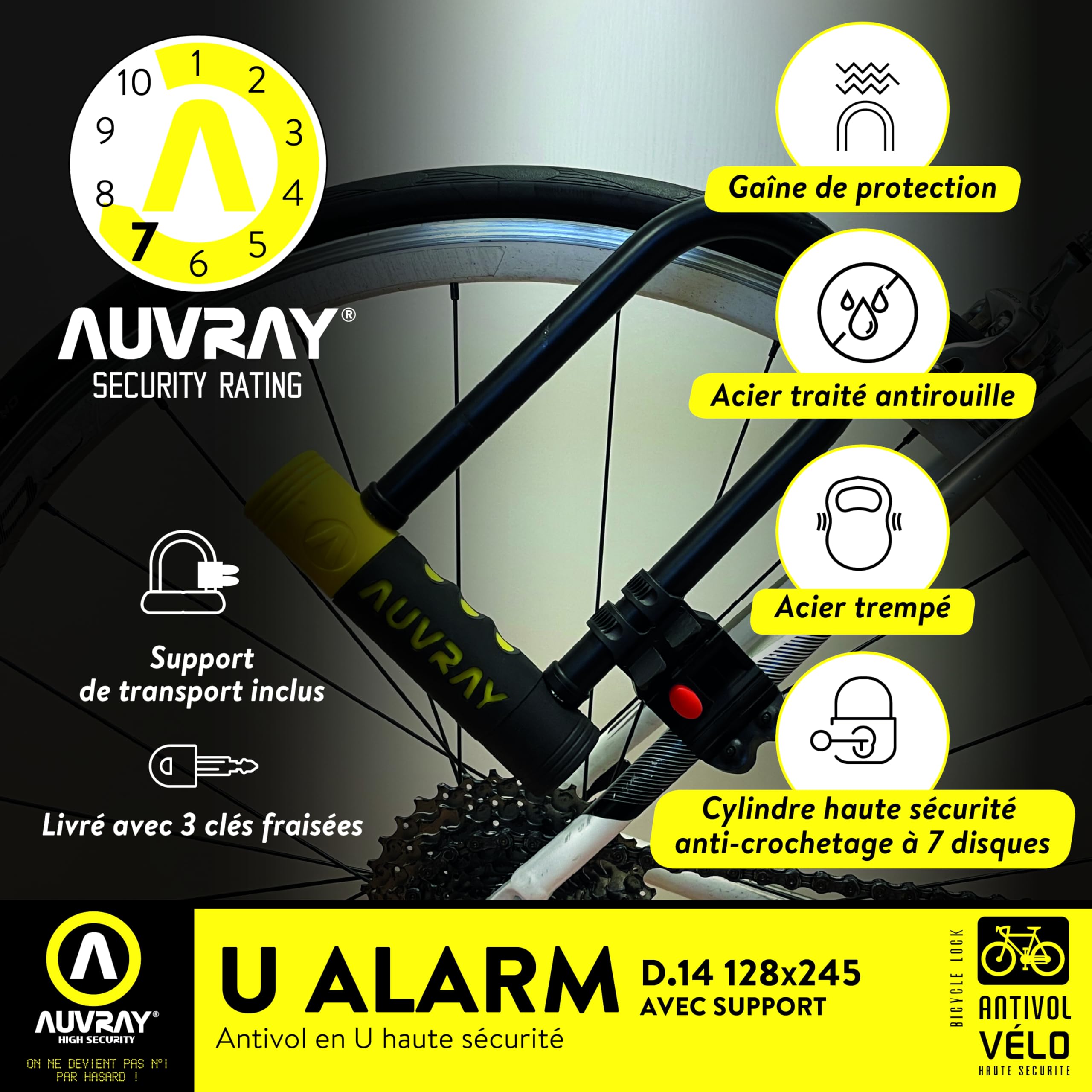 AUVRAY - Antirrobo de Bicicleta con Alarma - U ALARME 128X245 D.14-3 CLES - Resistencia excepcional - Carcasa Protectora de plástico - Alarma integrada de 120 dB - Alta Seguridad
