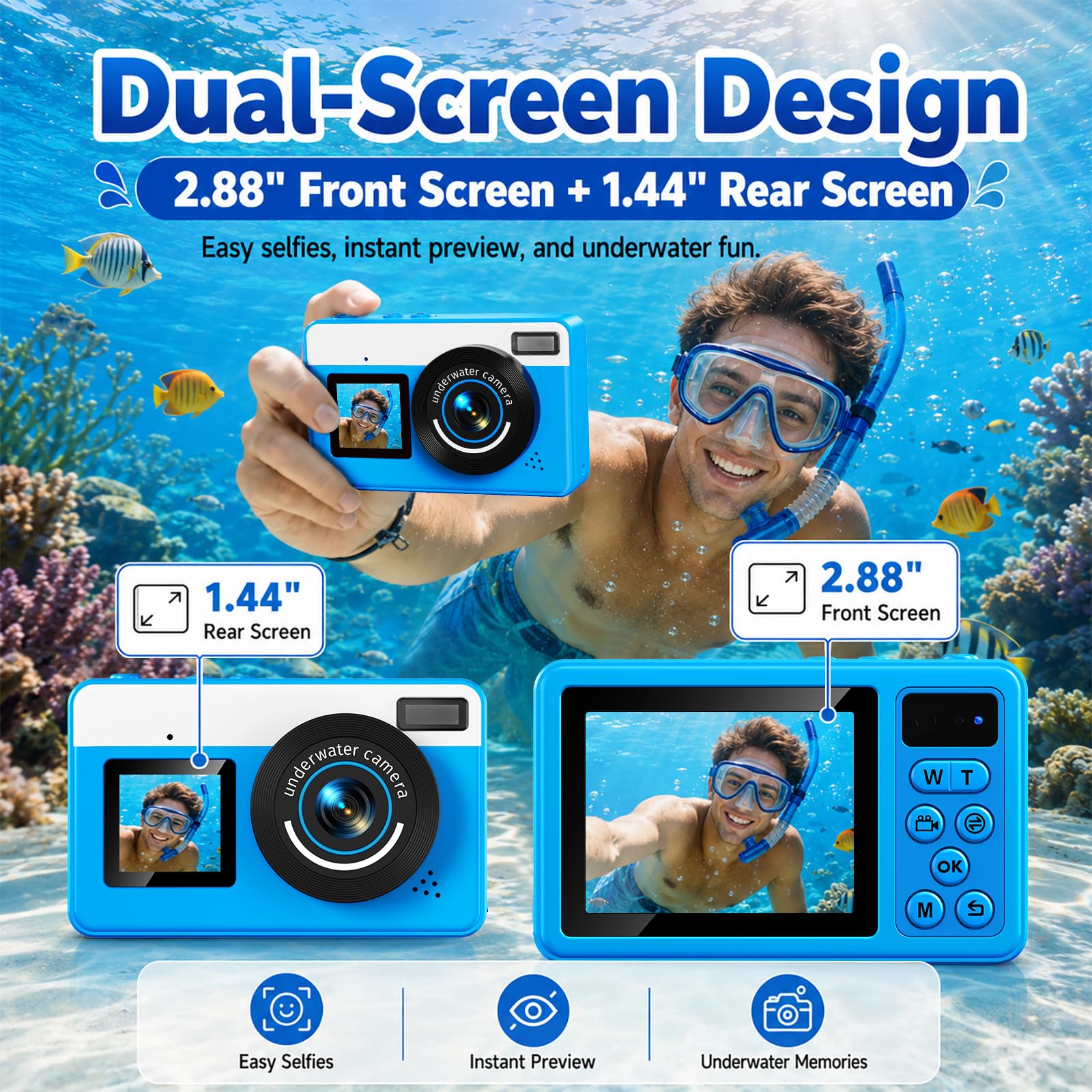 Maxmango D70 Fotocamera Subacquea 4K 48MP, Macchina Fotocamera Impermeabile 10FT per Piscina Spiaggia, Doppio Schermo Autofocus Zoom 18X, Macchina Fotografica Regalo per Ragazzi e Adulti, 16GB, Blu