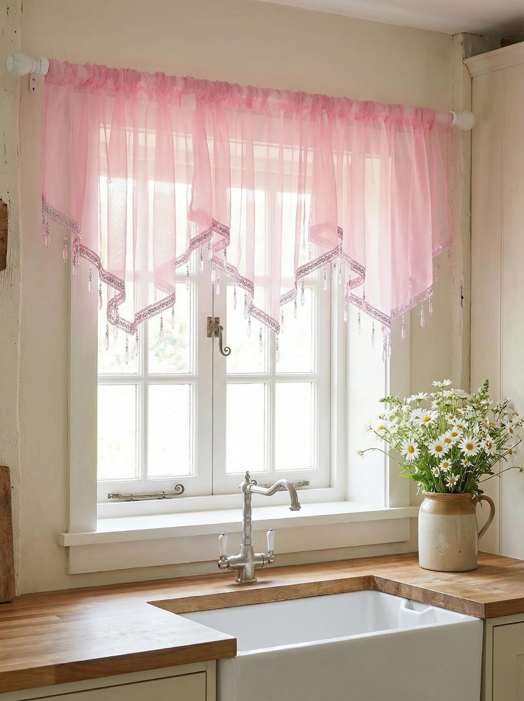 Molaxhome Swag Curtain Scalloped Curtain Valance Drape Sheer Lace Panel 1pc, Pink, W 51.2" x L 23.6" (1 Panels) - Image 7