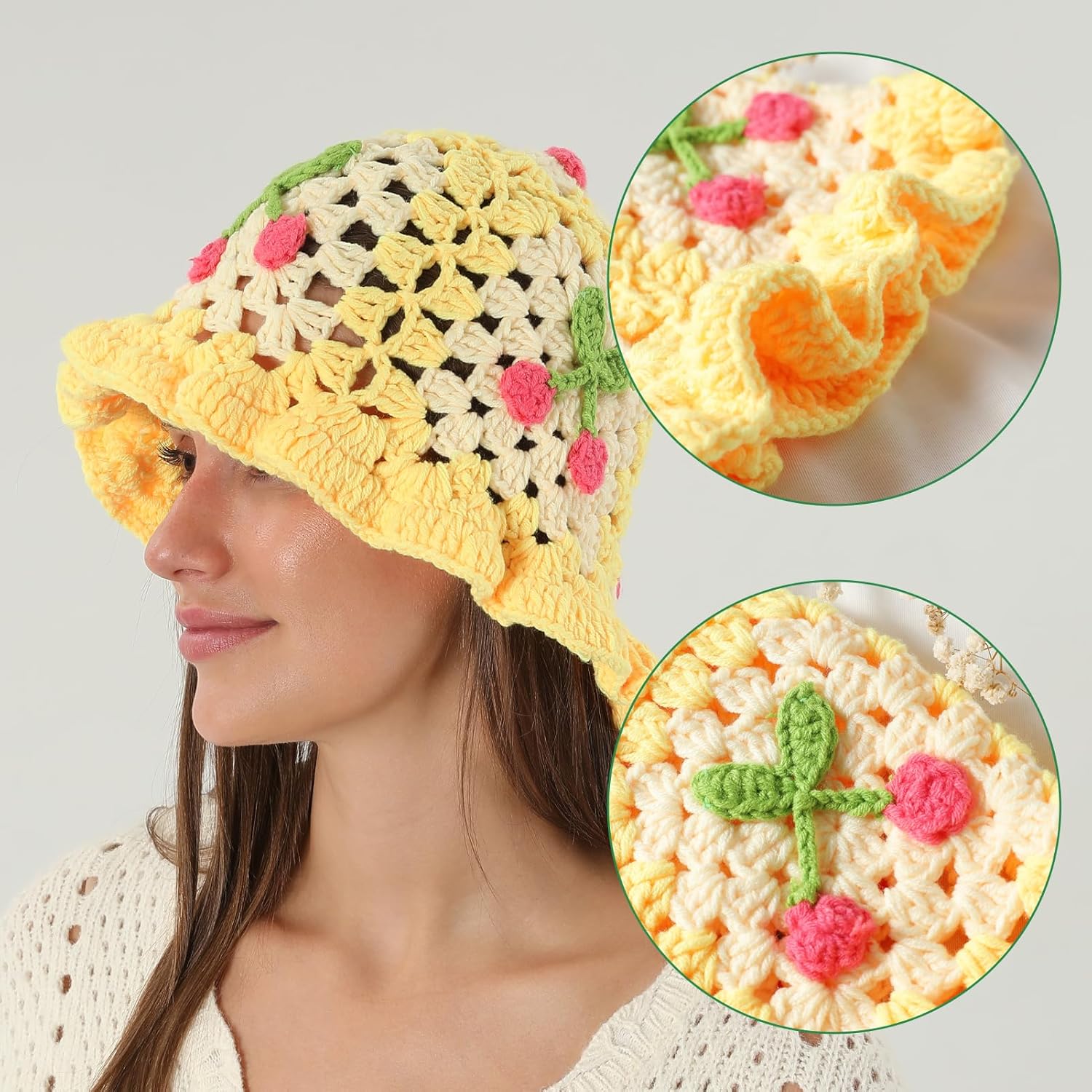 Fiewmay Crochet Bucket Hat for Women Handmade Floral Hat Portable Knitted Elastic Cute Beach Hat for Vacation Traveling - Image 3