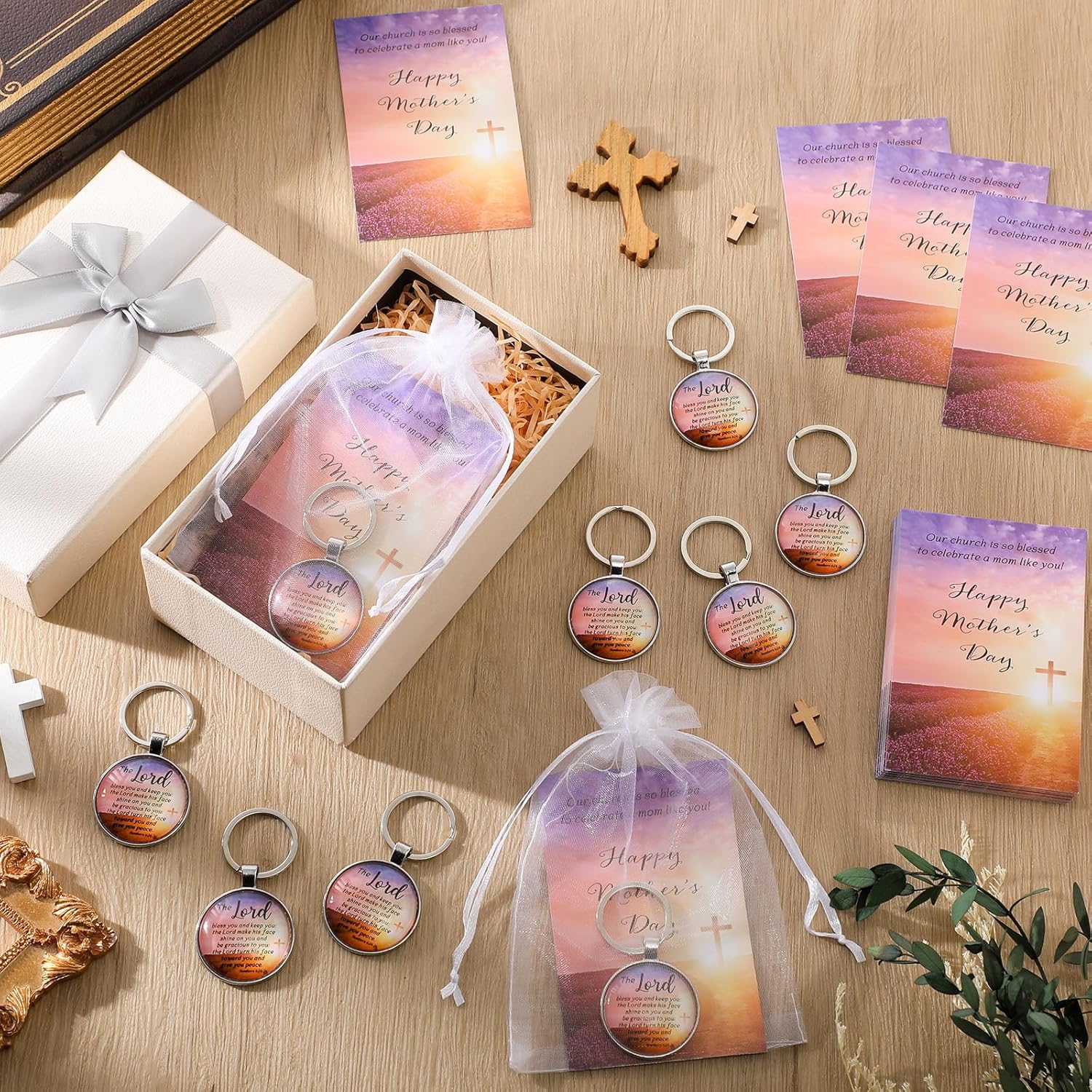 Church Mother's Day Gifts Bulk for Women Keychains with Happy Mother's Day Cards Bags Mom Christian Party Favors