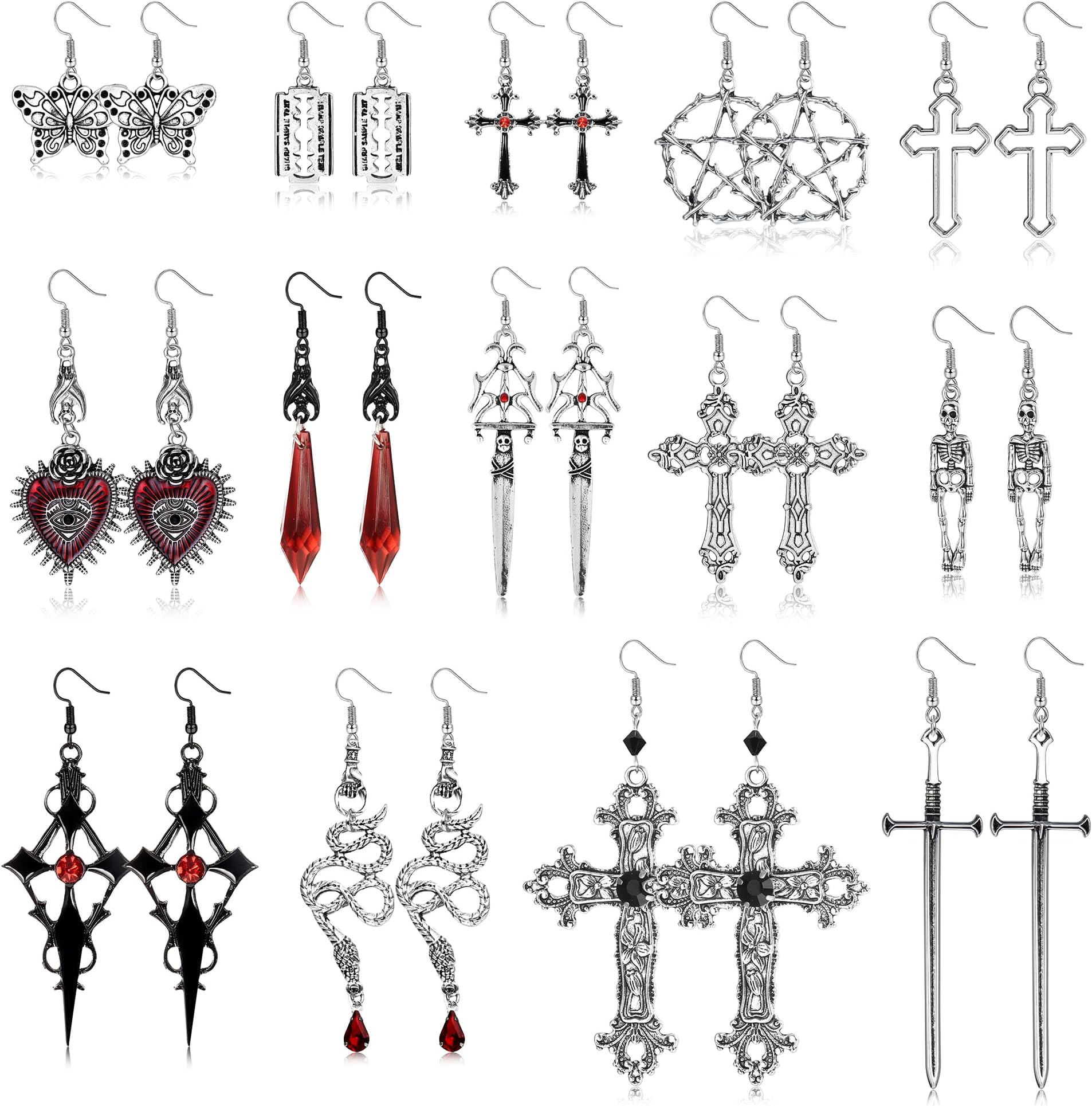 ADRAMATA14 Pairs Y2K Earrings for Women Y2K Earrings Set Cross Earrings Snake Earrings Grunge Skull Pendant Earrings Vintage Drop Dangle Earrings Y2k Accessories Halloween Jewellery