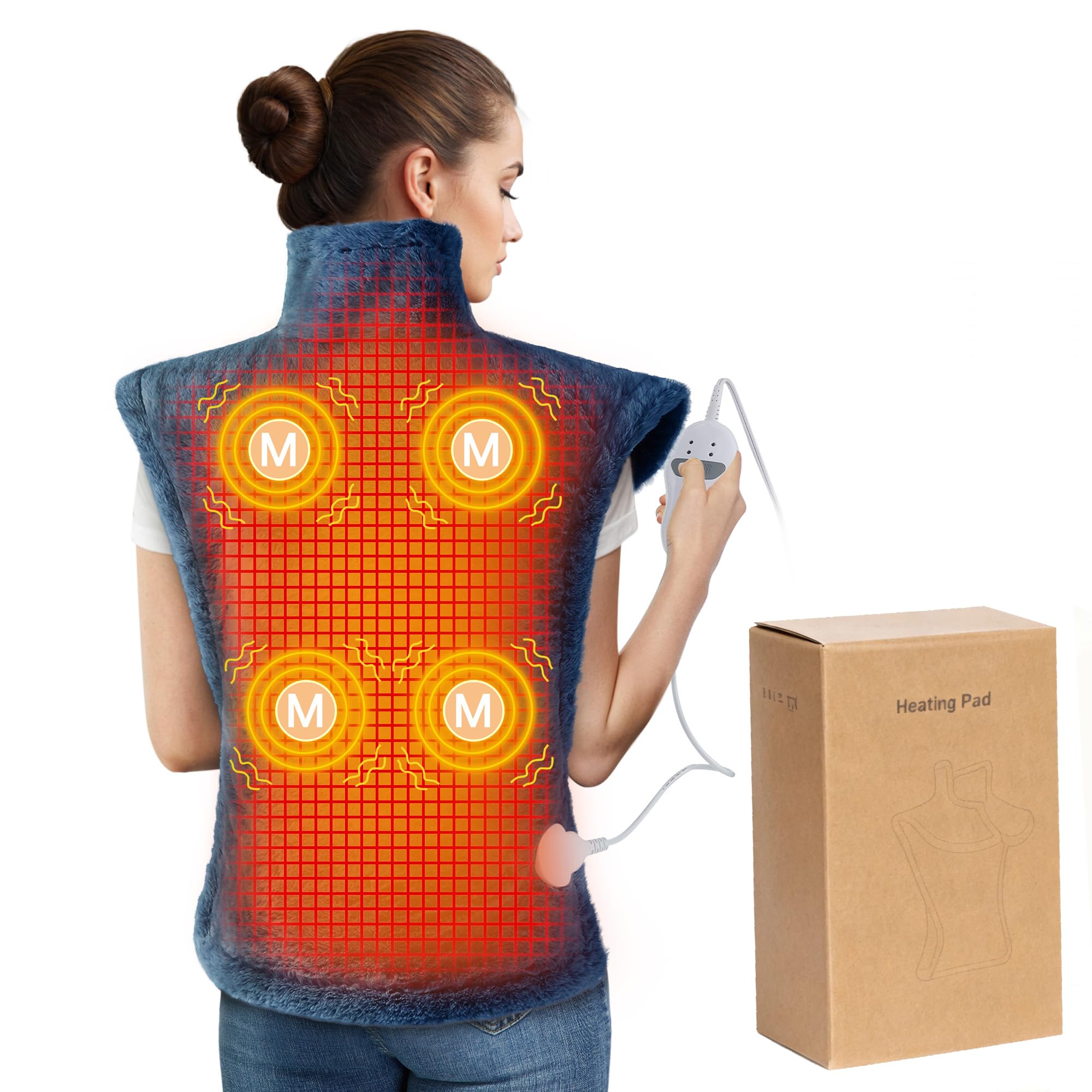 Almohadilla térmica de masaje para cuello, hombros y espalda, almohadilla térmica eléctrica grande de 24 x 35 pulgadas para aliviar el dolor de espalda con 3 niveles de calor, 4 ajustes de masaje