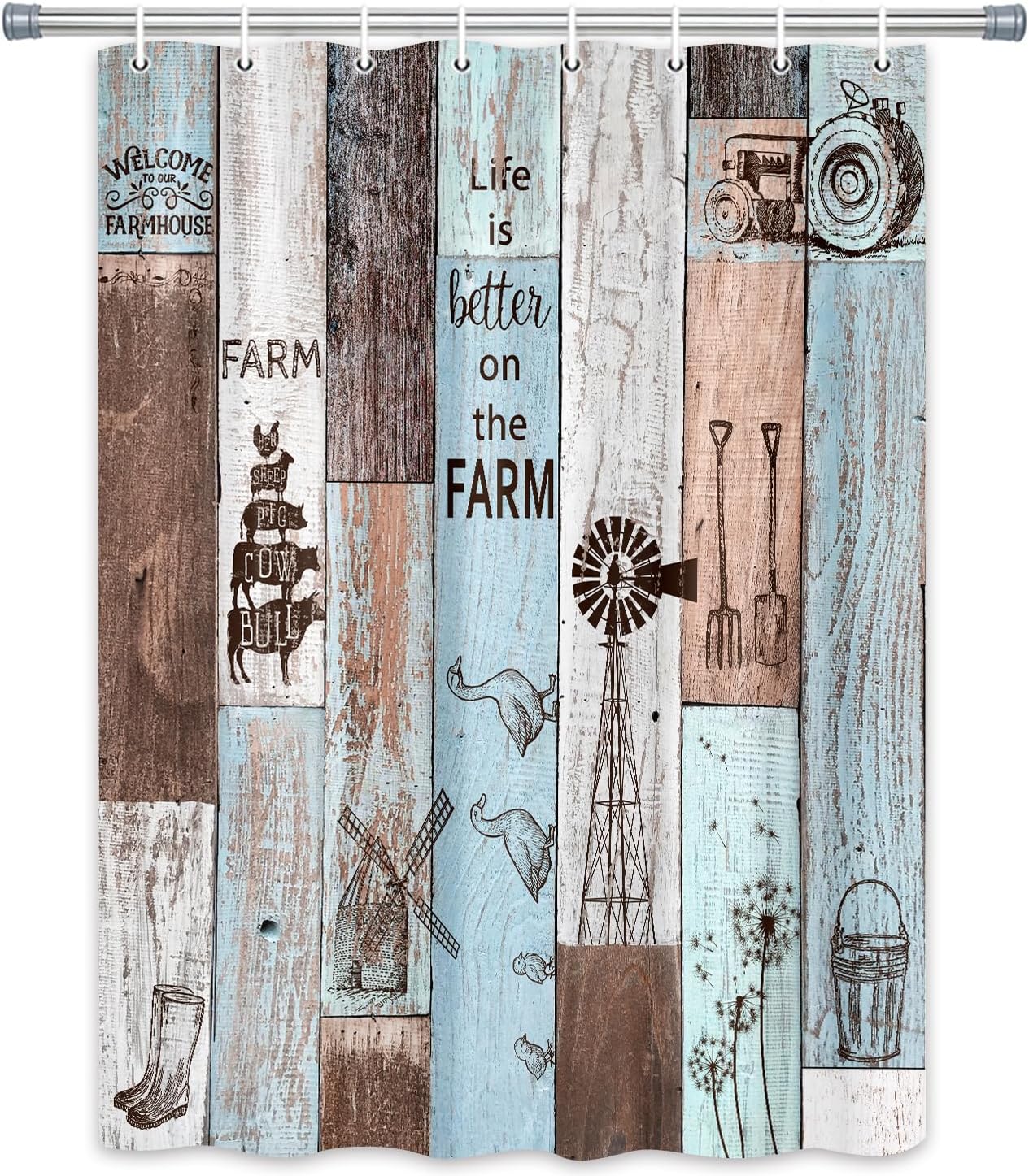 Rustic Farmhouse Floral Shower Curtain, Sunflower Shower Curtain Set for Bathroom, Teal Wooden Barn Board Fabric Shower Curtain Restroom Bathtub Decor Accessories with Hooks 72X 84 inch
