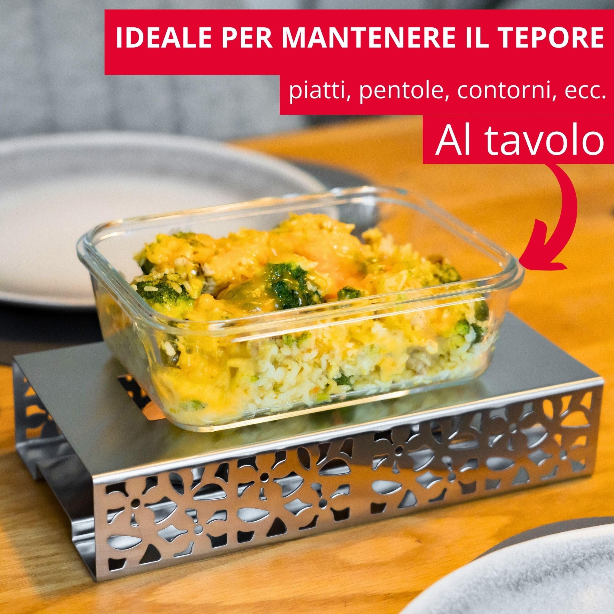 Westmark scaldavivande – Piastra riscaldante di alta qualità per mantenere il cibo caldo a tavola con due tea lights, 240 × 120 × 52 mm – Acciaio inossidabile