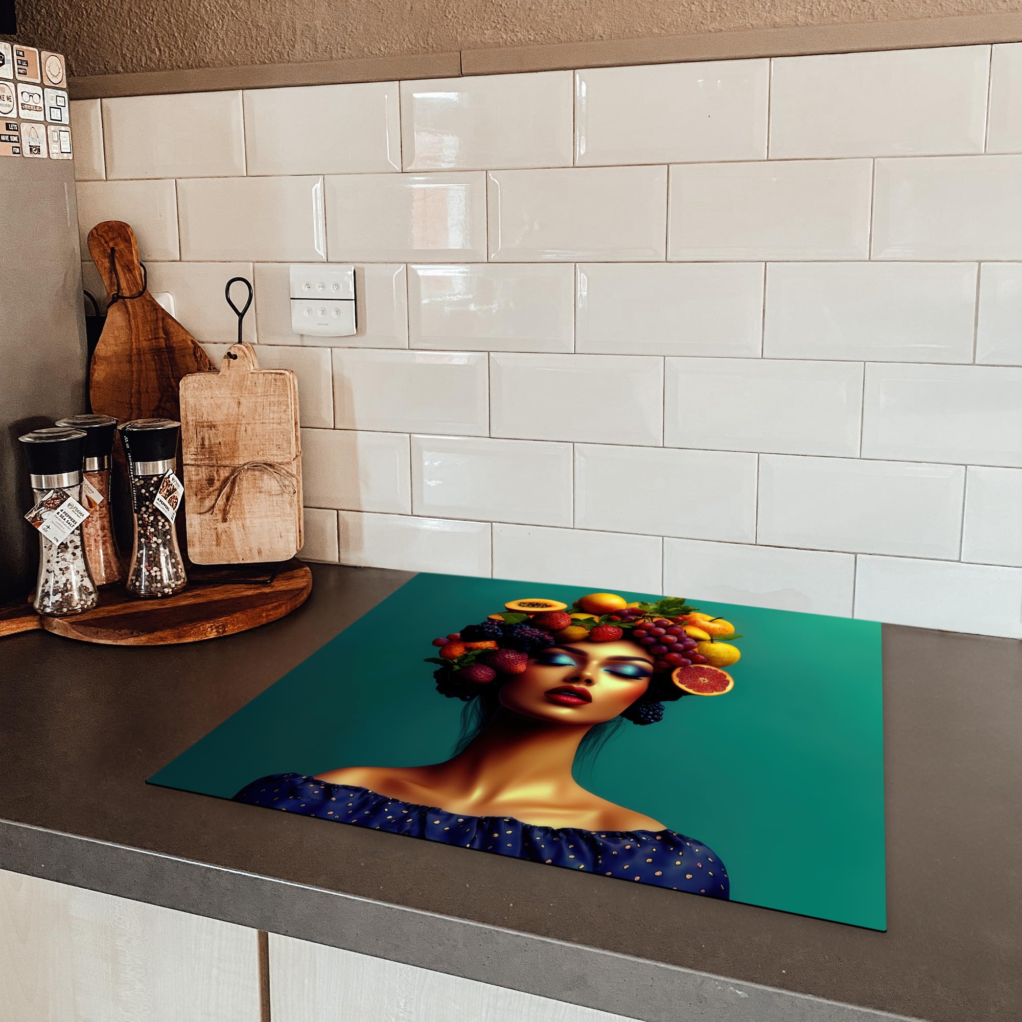 KitchenYeah© Protection Plaque Induction Protege Deco Cuisine Cache Protège | 60x52 cm - De Cuisson Accessoires Femme - Coiffe - Tropical - Fruits - Raisins