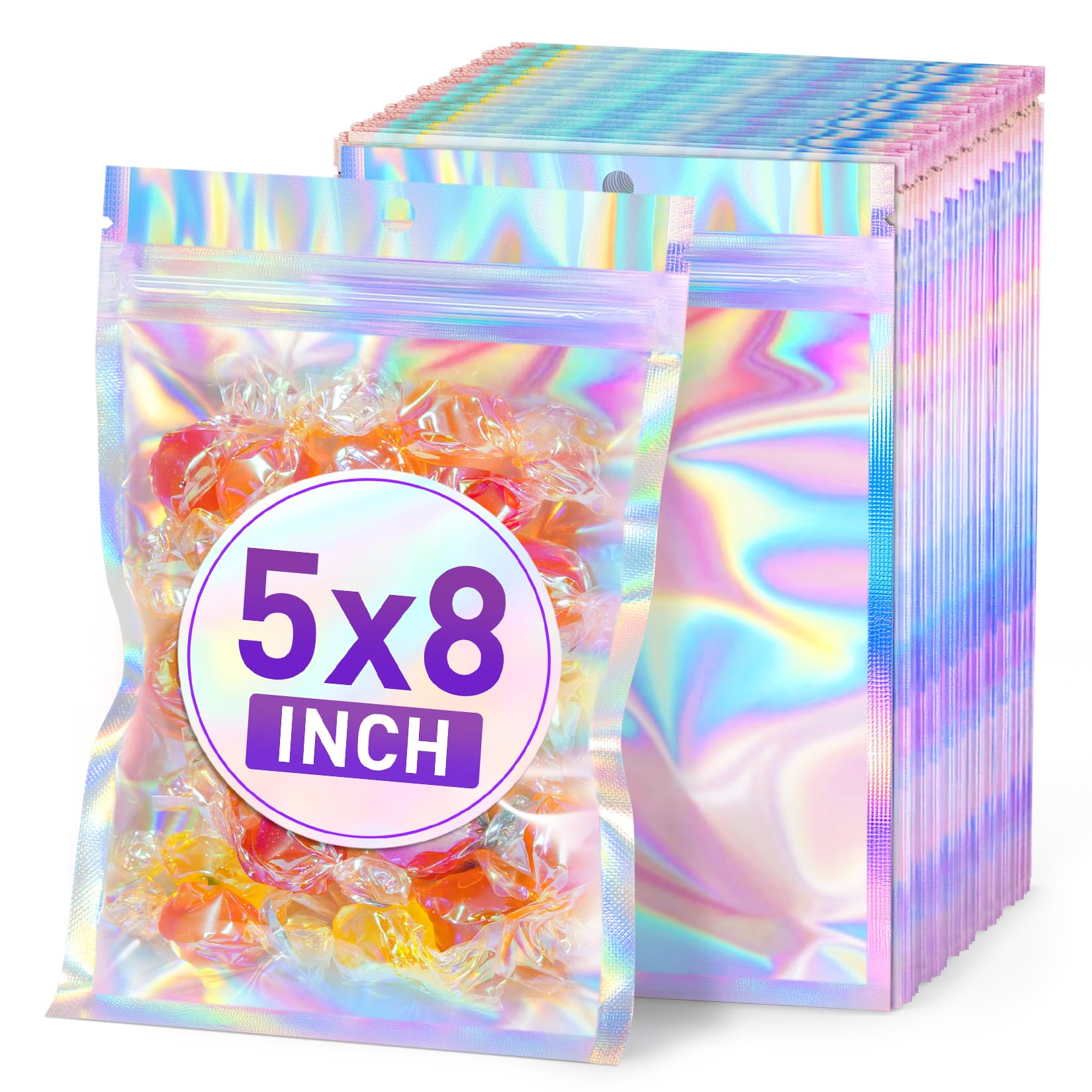 50 sztuk torebek holograficznych 13 cm x 20 cm, wielokrotnego zamykania, odporne na zapachy, holograficzne torby w kolorach tęczy, foliowe woreczki na zamek błyskawiczny, do przechowywania żywności,