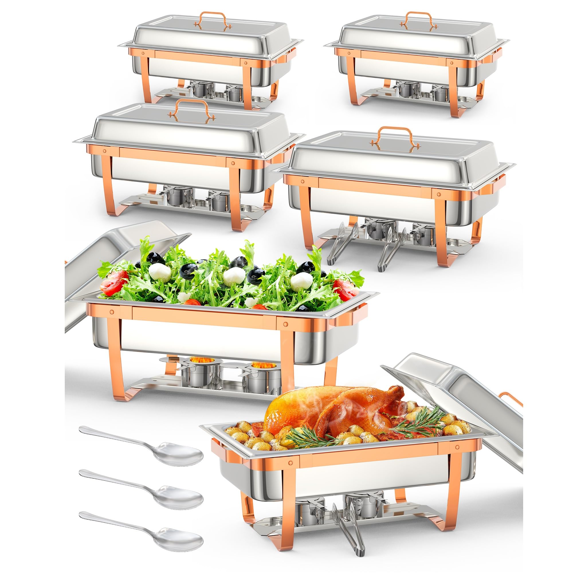 Chafing Dish Buffet Set 8L, Robust und Hochwertig, 6er Set Edelstahl Warmhaltebehälter Rollrand-Design, Speisenwärmer mit Deckel, Löffel und Pinzettefür Catering Buffet und Party