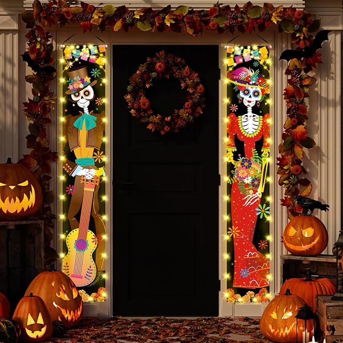 2 Pcs Dia De Los Muertos Decorations, Lighted Porch Sign Banners